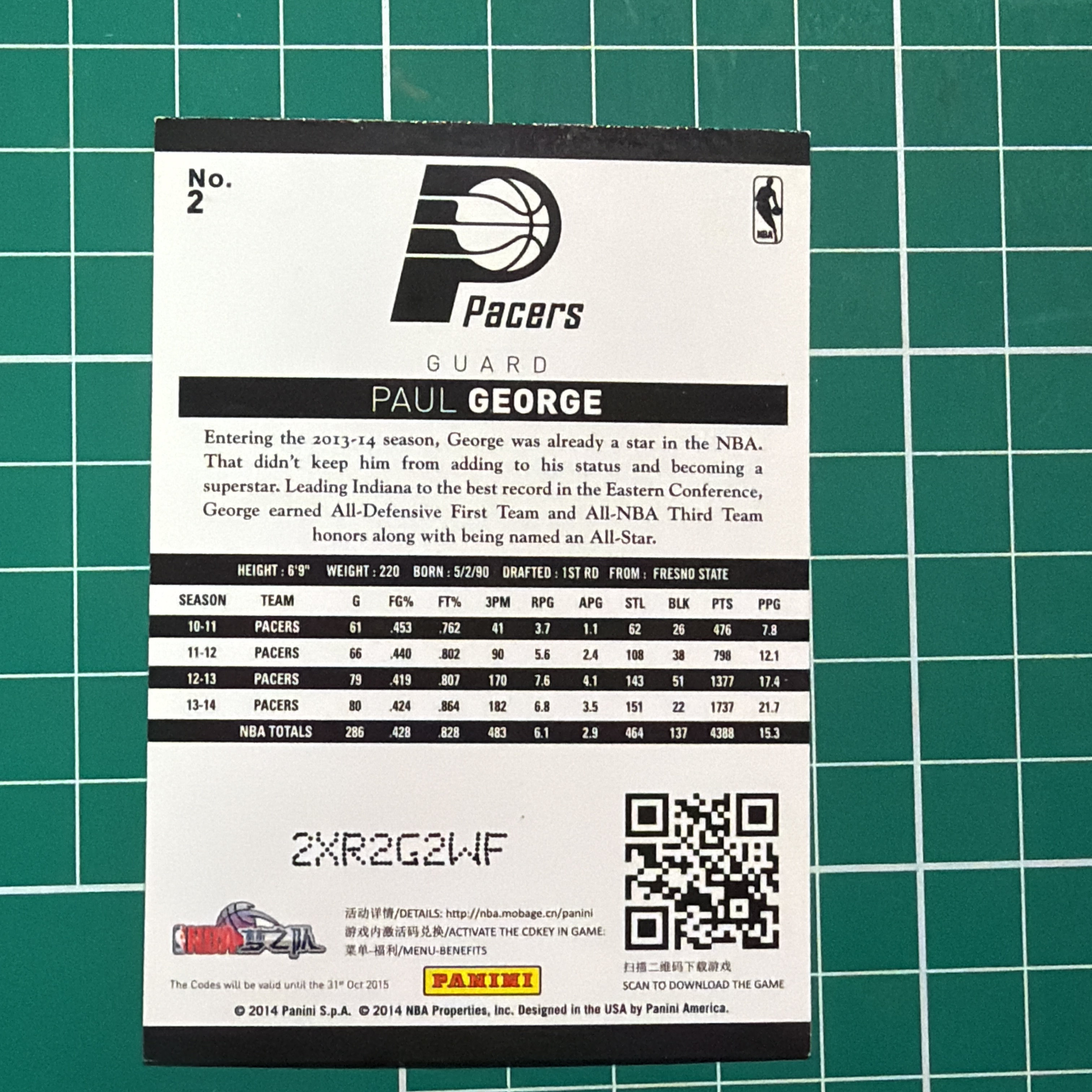2014-15 Panini Americana Paul George S.p.a.保罗乔治 泡椒 PG 折射特卡 银折 闪卡 镭射卡 精美选图 十年老卡 绝版卡 稀有大比例