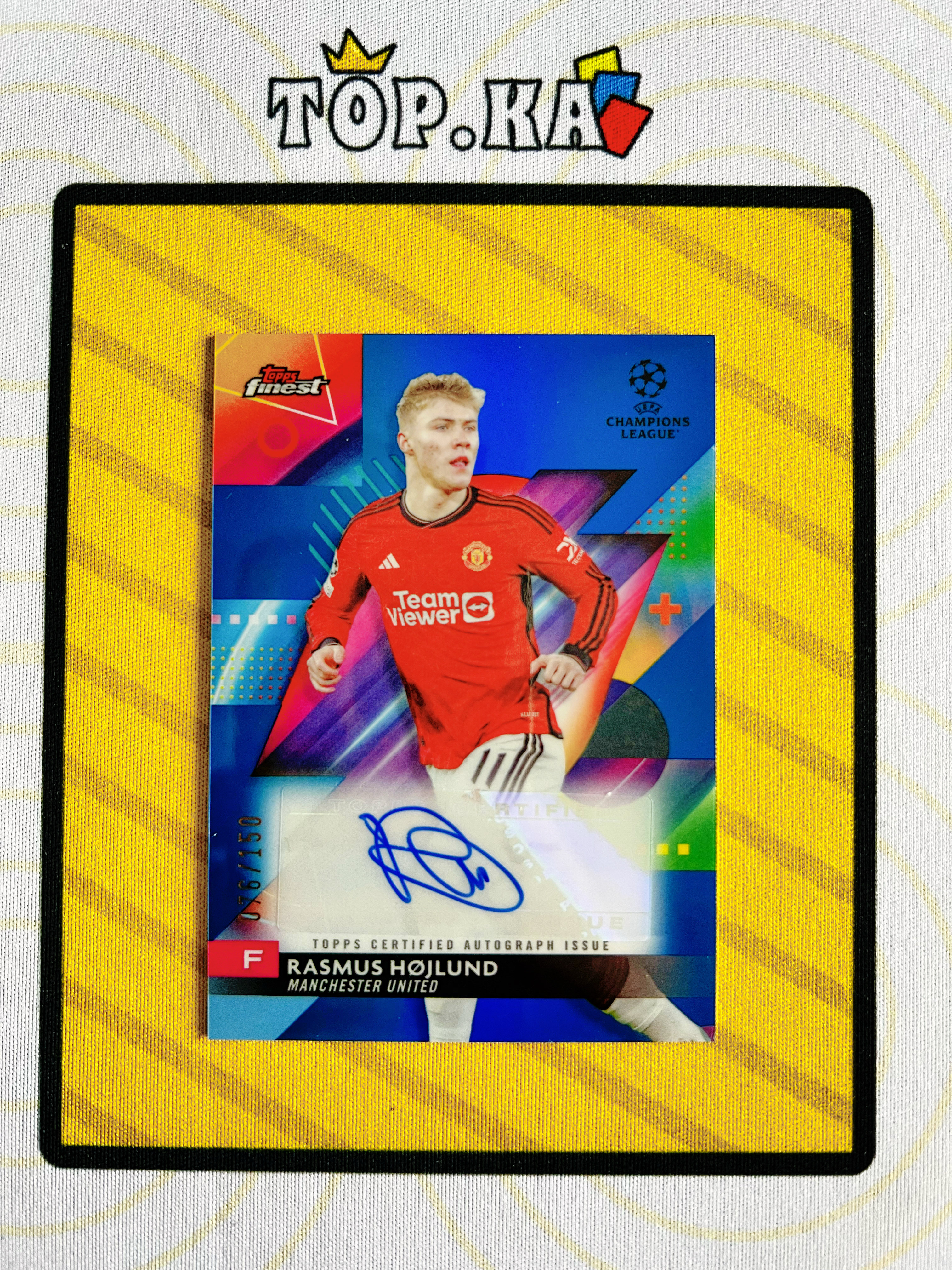 【顶尖卡社】 2024 Topps Finest Rasmus Hojlund finest系列 欧冠 英超 曼彻斯特联 曼联 霍伊伦德 076/150编 蓝折 签字 详情看描述 卡品如图【句号】