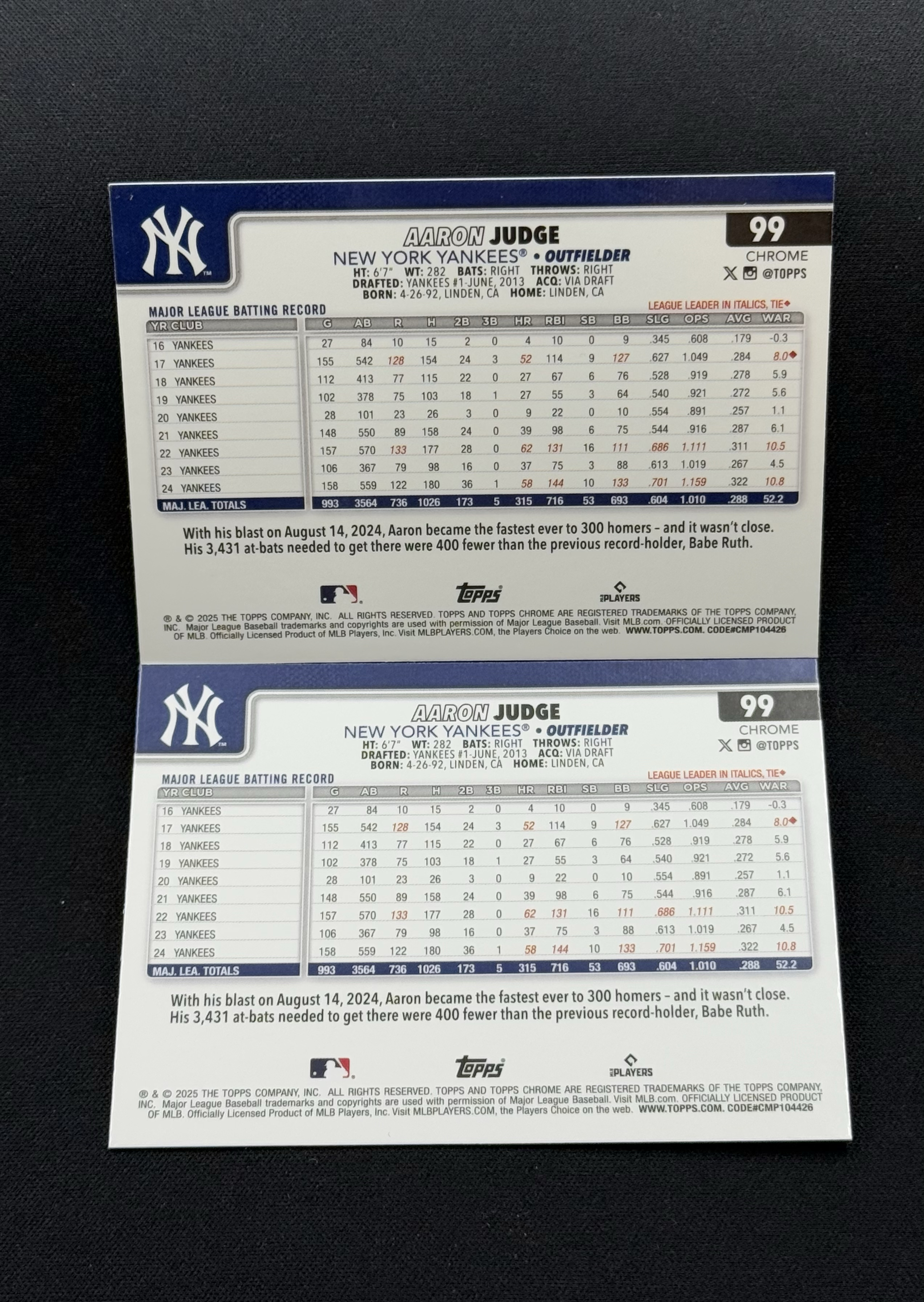 2024-25 Topps Chrome Aaron Judge 【小贝代拍】棒球 Tc 洋基 阿隆 贾奇 MLB MVP 回购 20美刀/张 base 卡品如图 拍前看描述 Nova