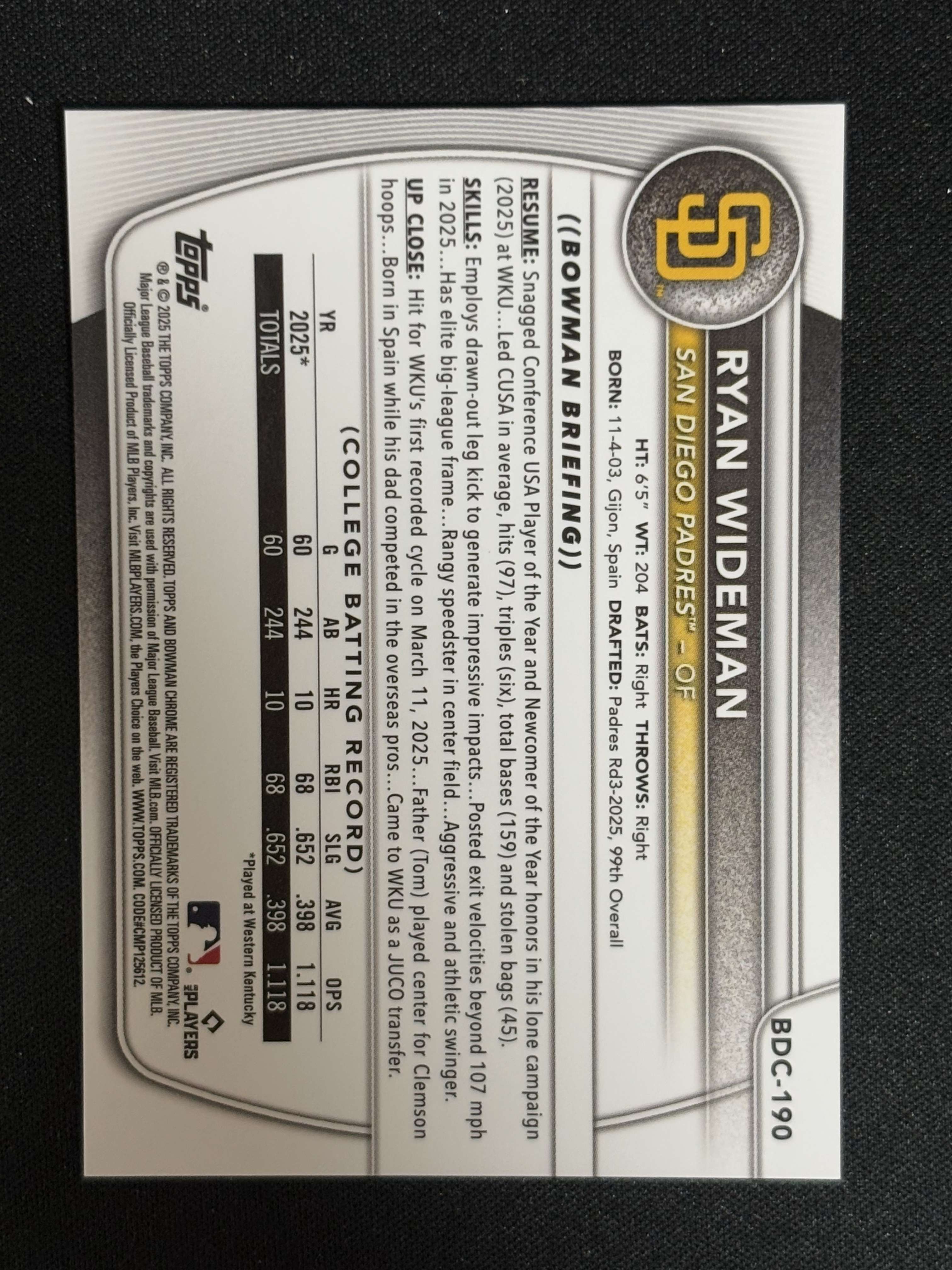 2025 Topps Bowman Draft Ryan Wideman 棒球 MLB 圣迭戈教士 瑞安 怀德曼 1st 首秀 橙几何折 13/25编 - sj
