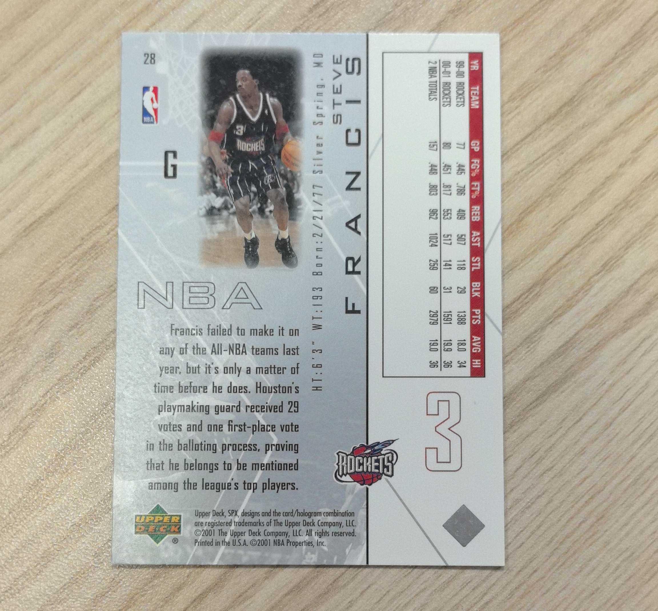 2001-02 Upper Deck SPx Steve Francis 史蒂夫·弗朗西斯 UD 经典老卡 姚明的好大哥 99年榜眼秀 3届全明星 进攻万花筒 先后效力于火箭、魔术、尼克斯