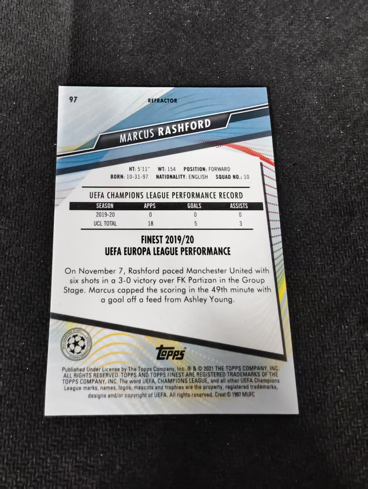 【可合并,不累计】2021 Topps Finest Marcus Rashford 曼联 英格兰 拉什福德 拉师傅 欧冠 银折 划痕 边角瑕疵 #97