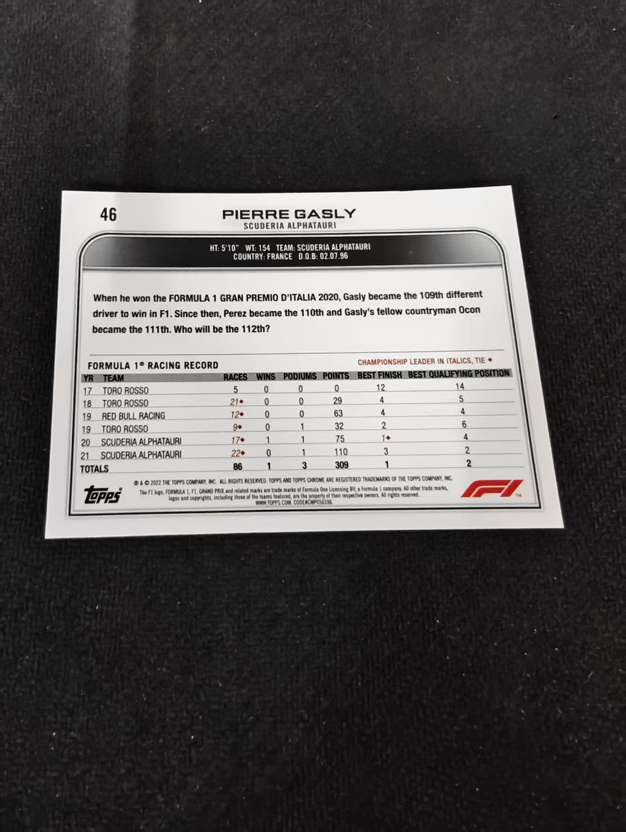 2022 Topps Chrome F1 Pierre Gasly 皮埃尔 加斯利 小红牛 划痕 边角瑕疵 #46