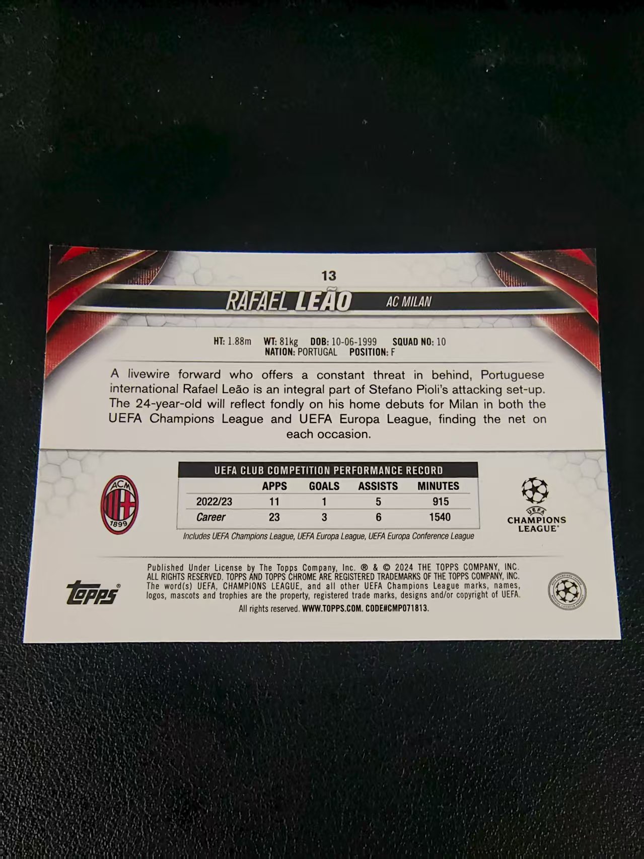 【可合并,不累计】2024 Topps Chrome Rafael Leao AC米兰 拉斐尔 莱奥 欧冠 划痕 边角瑕疵 #13