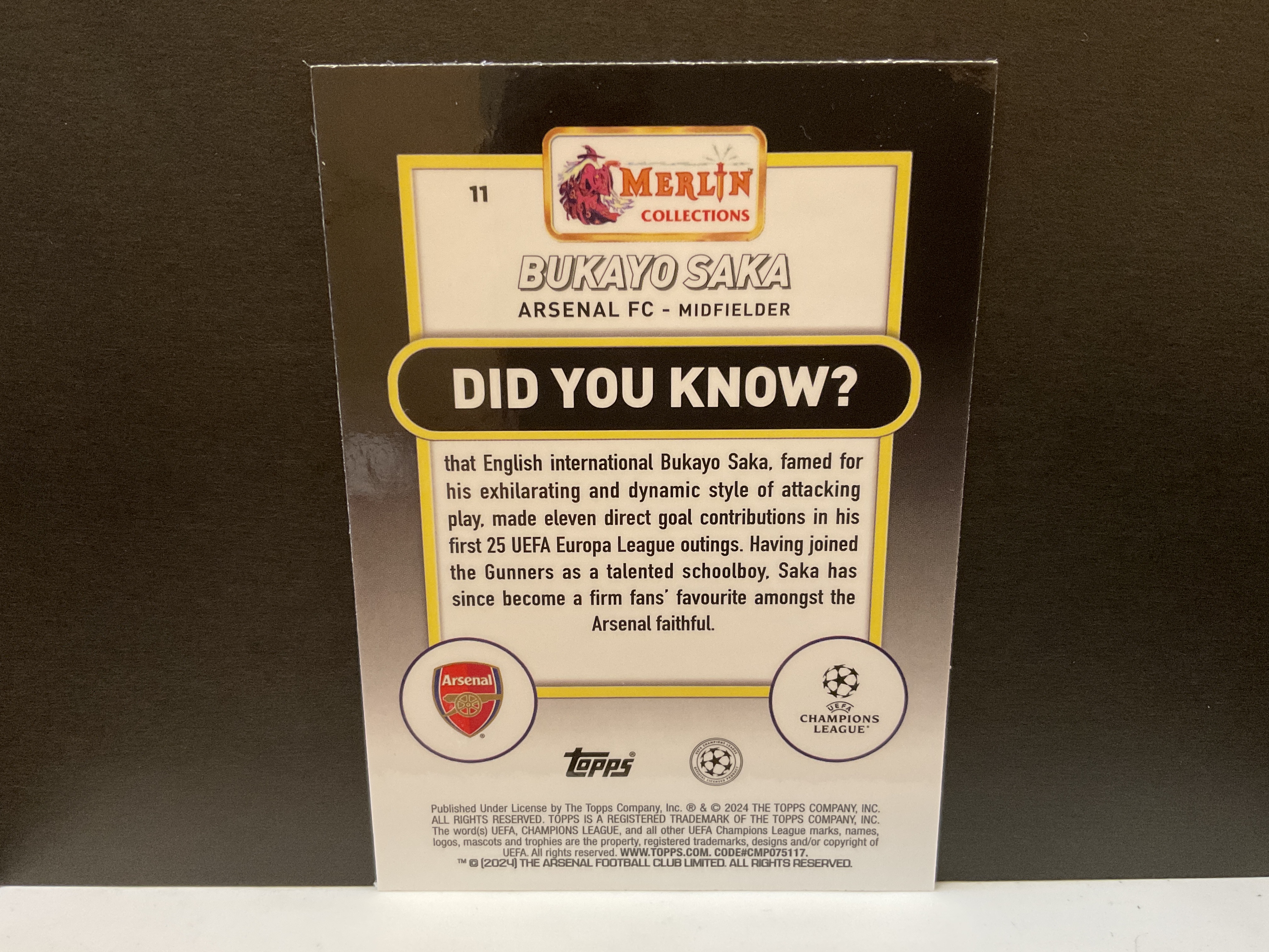 2024 Topps Merlin Bukayo Saka 75编 首编 首编 首编 梅林 阿森纳 布卡约 英格兰 低编 欧战梅林 萨卡