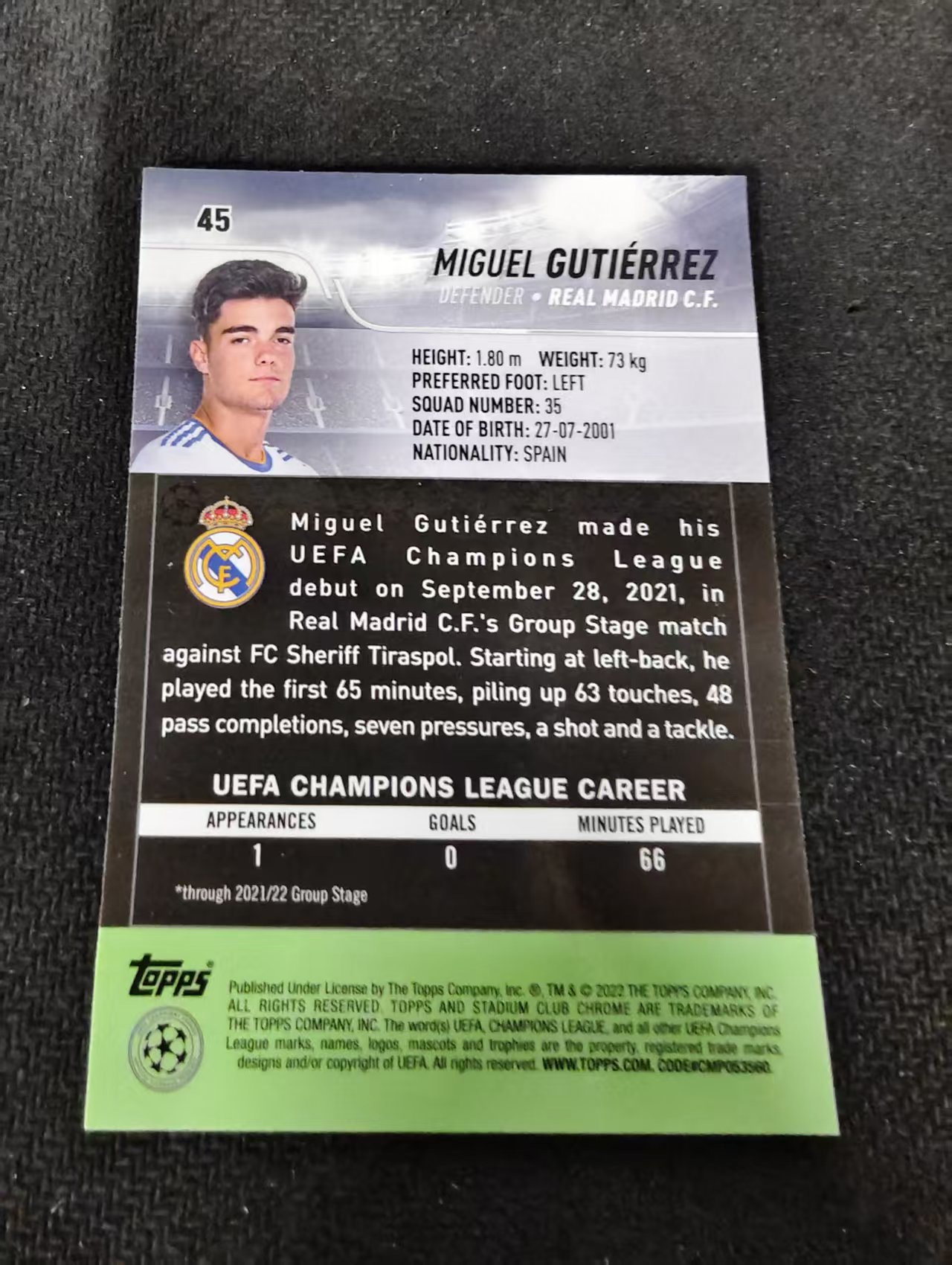 【可合并,不累计】2022 topps chrome miguel gutierrez 欧冠 竞技场 皇马 米格尔 古铁雷斯 rc 新秀 不保卡品 介意勿拍 #45