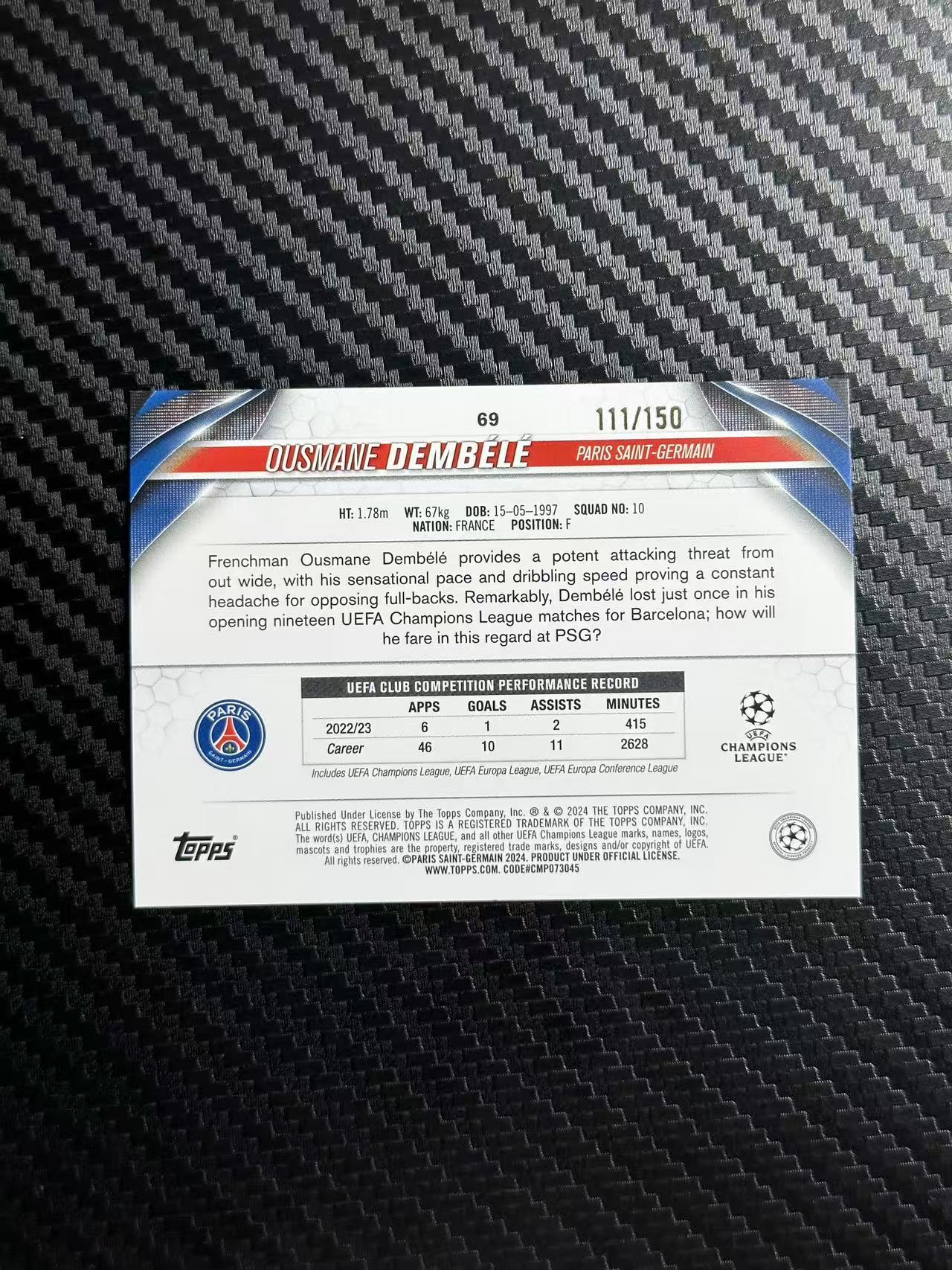 2024 Topps ucc Ousmane Dembélé 欧冠 碧玉 登贝莱 巴黎 法国 新年限定折 111/150编 卡品如图 拍前看描述