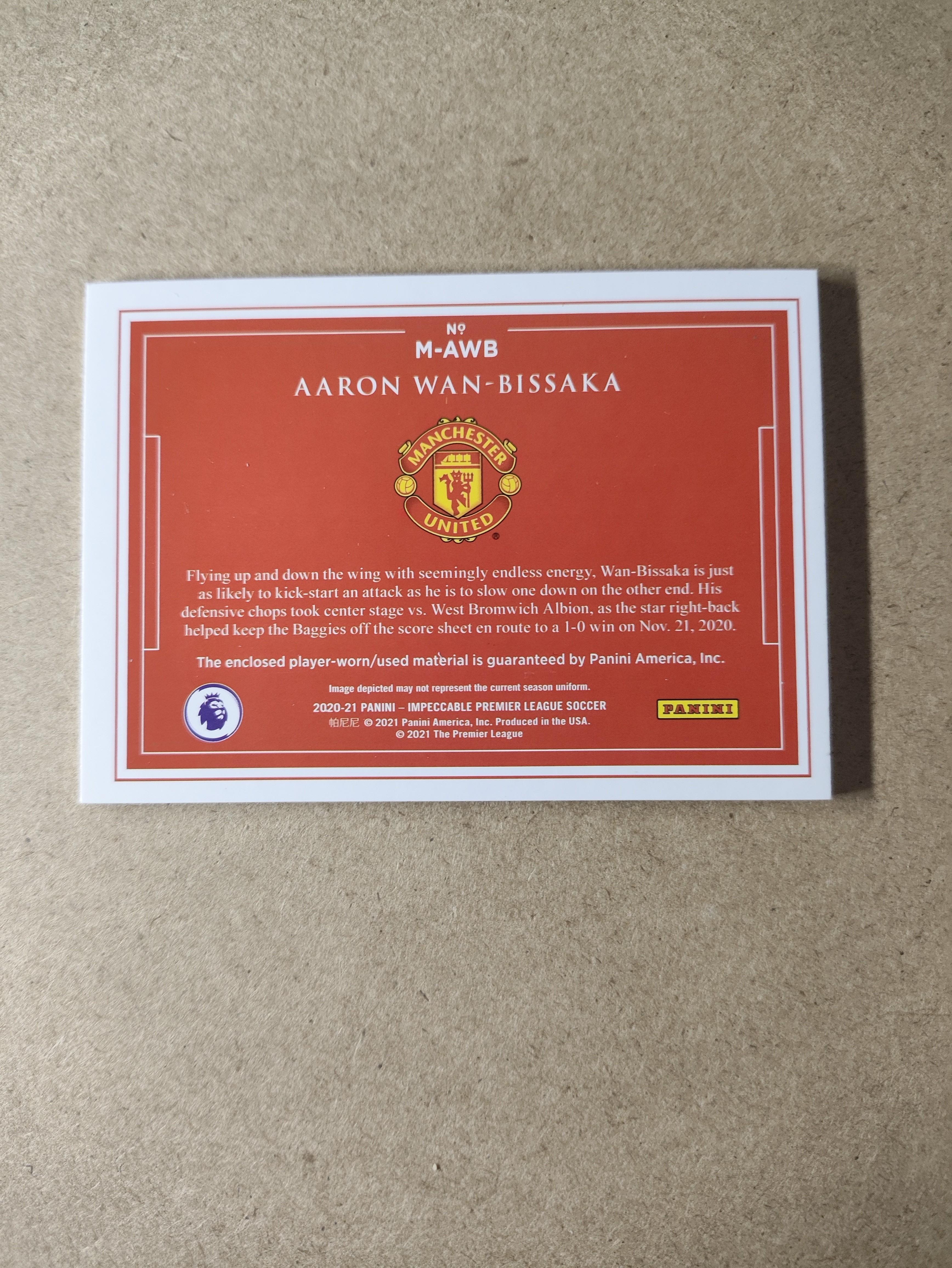 2020-21 Panini Impeccable Aaron Wan-Bissaka 英超 小真金 万比萨卡 物料 49/99编 球衣 切割 银平行 曼联 刚果 世界杯铁闸 卡品如图 收藏必备