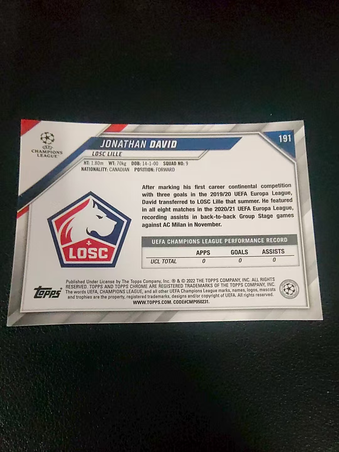 【可合并,不累计】2022 Topps Chrome jonathan david 乔纳森 戴维 里尔 欧冠 划痕 边角瑕疵 #191
