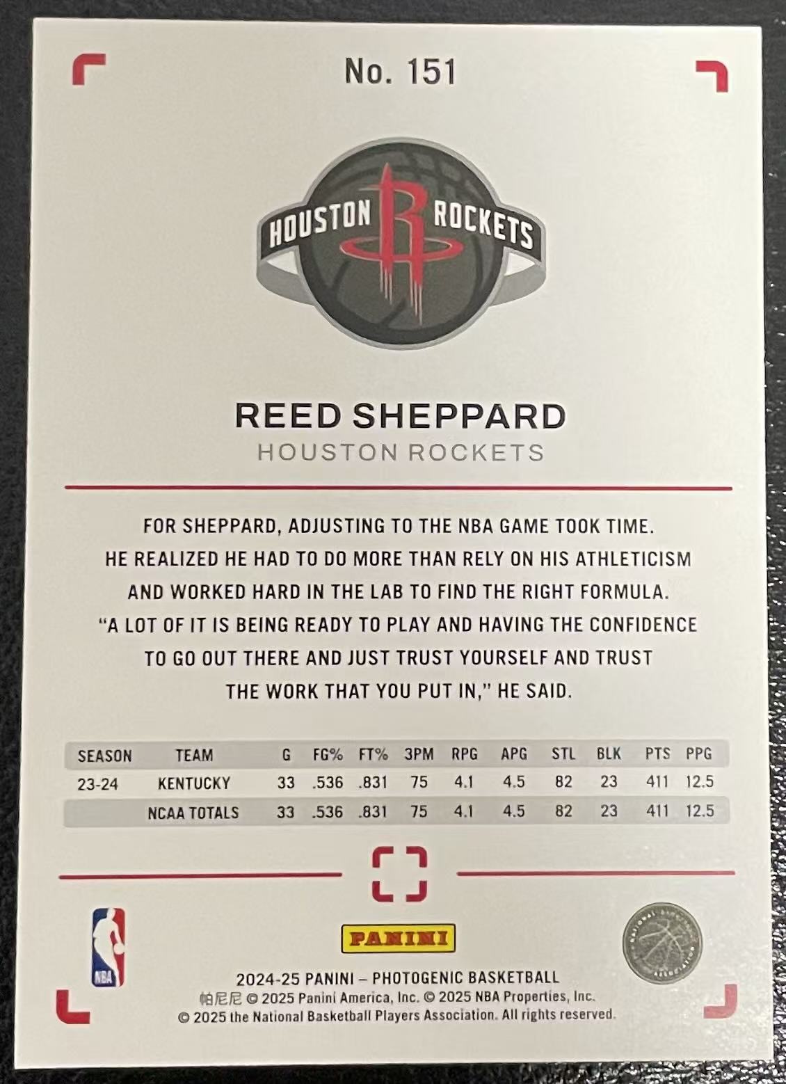 2024-25 Panini Photogenic Reed Sheppard RC 上镜 火箭 里德 谢泼德 新秀 base 卡品如图