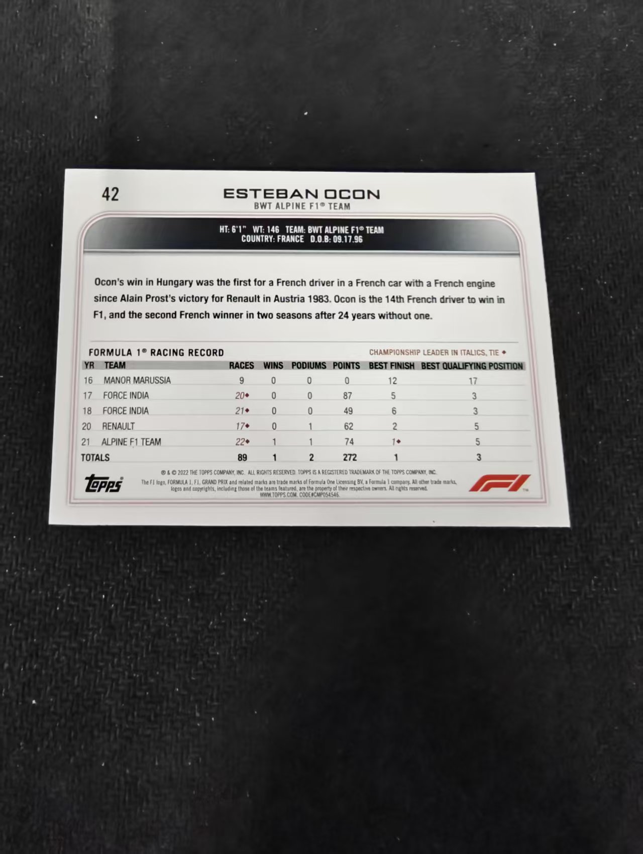 2022 Topps Chrome Esteban Ocon F1 阿尔滨车队 埃斯特班 奥康 划痕 边角瑕疵 @42