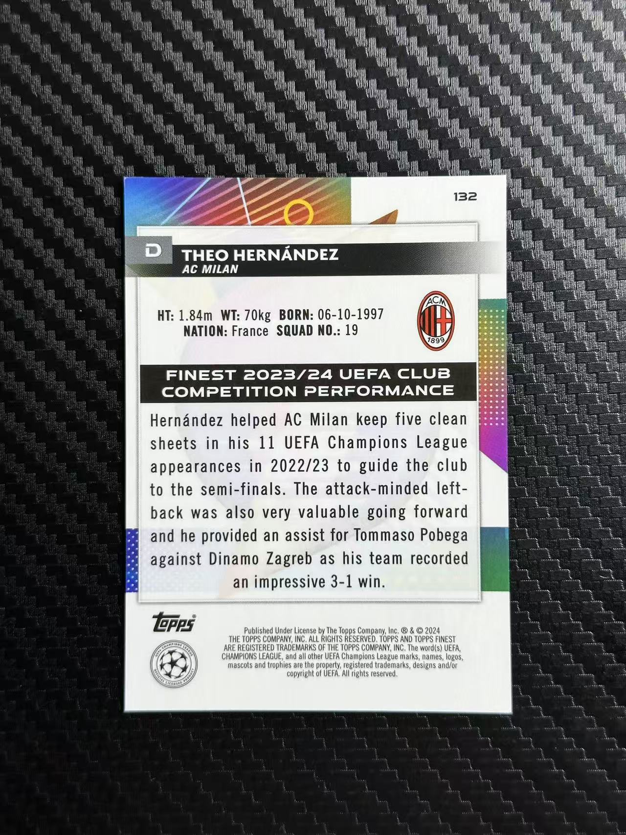 2024 Topps Finest THEO HERNANDEZ 欧战 欧冠 AC米兰 特奥 埃尔南德斯 青折 折射 特卡 014/250编 卡品如图 拍前看描述
