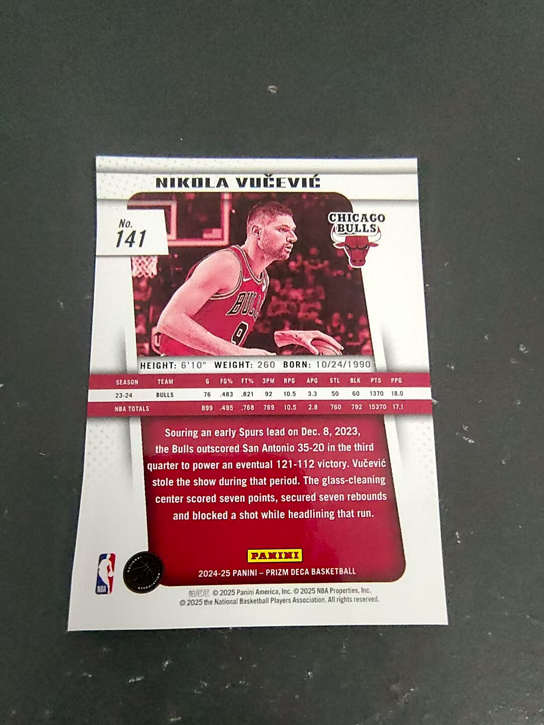 【可合并,不累计】2024-25 Panini Prizm Deca Nikola Vucevic 尼古拉 武切维奇 公牛 PZ 复刻 划痕 边角瑕疵 #141