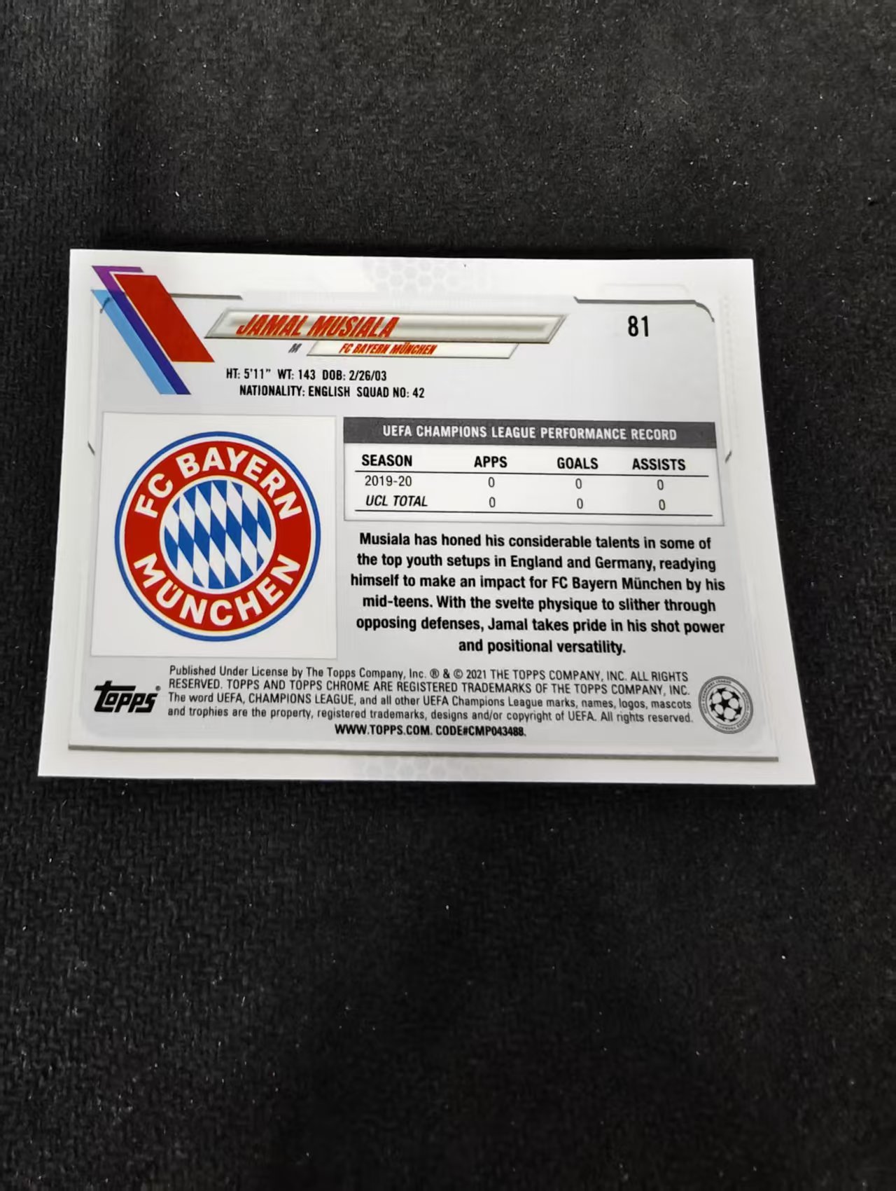 【可合并,不累计】2021 Topps Chrome Jamal Musiala RC 新秀 拜仁 穆夏拉 欧冠 不保卡品 介意勿拍 #81