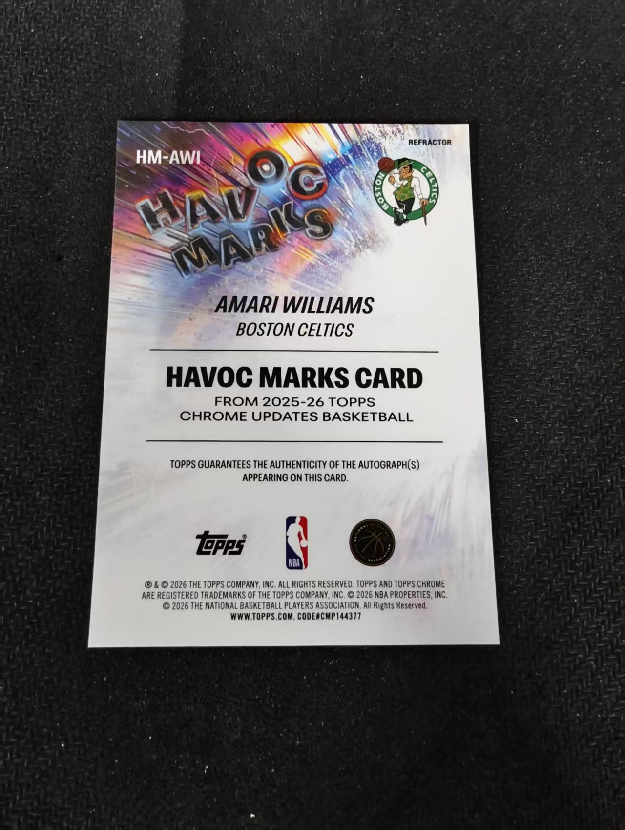 2026 Topps Chrome Update TCU 篮球 Amari Williams 阿马里 威廉姆斯 凯尔特人 RC新秀 签字 浩劫签 银折 瑕疵如图