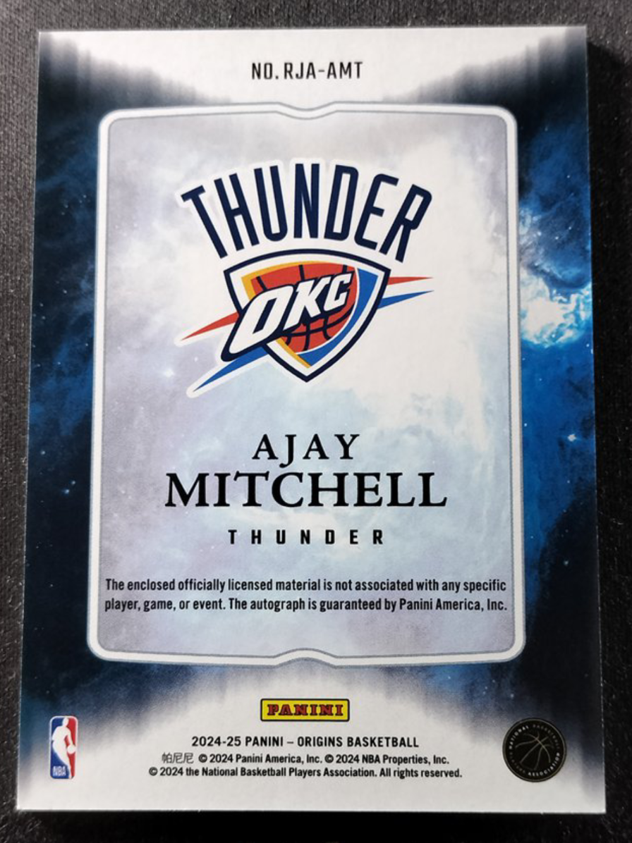 2024-25 Panini Origins Ajay Mitchell RC 起源 新秀RC 阿杰伊 米切尔 雷霆 RJA 大窗球衣 签字