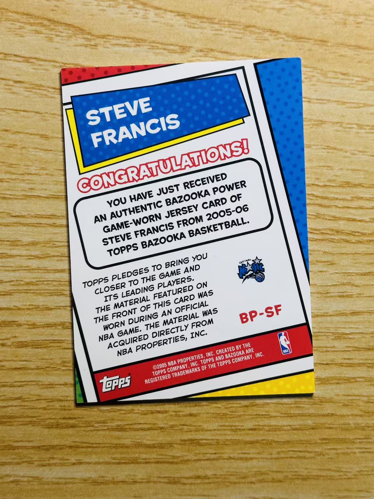 2005 Topps nba Steve Francis 嘿嘿代卖 史蒂夫 弗朗西斯 球衣 物料 魔术 实卡精美 收藏必备