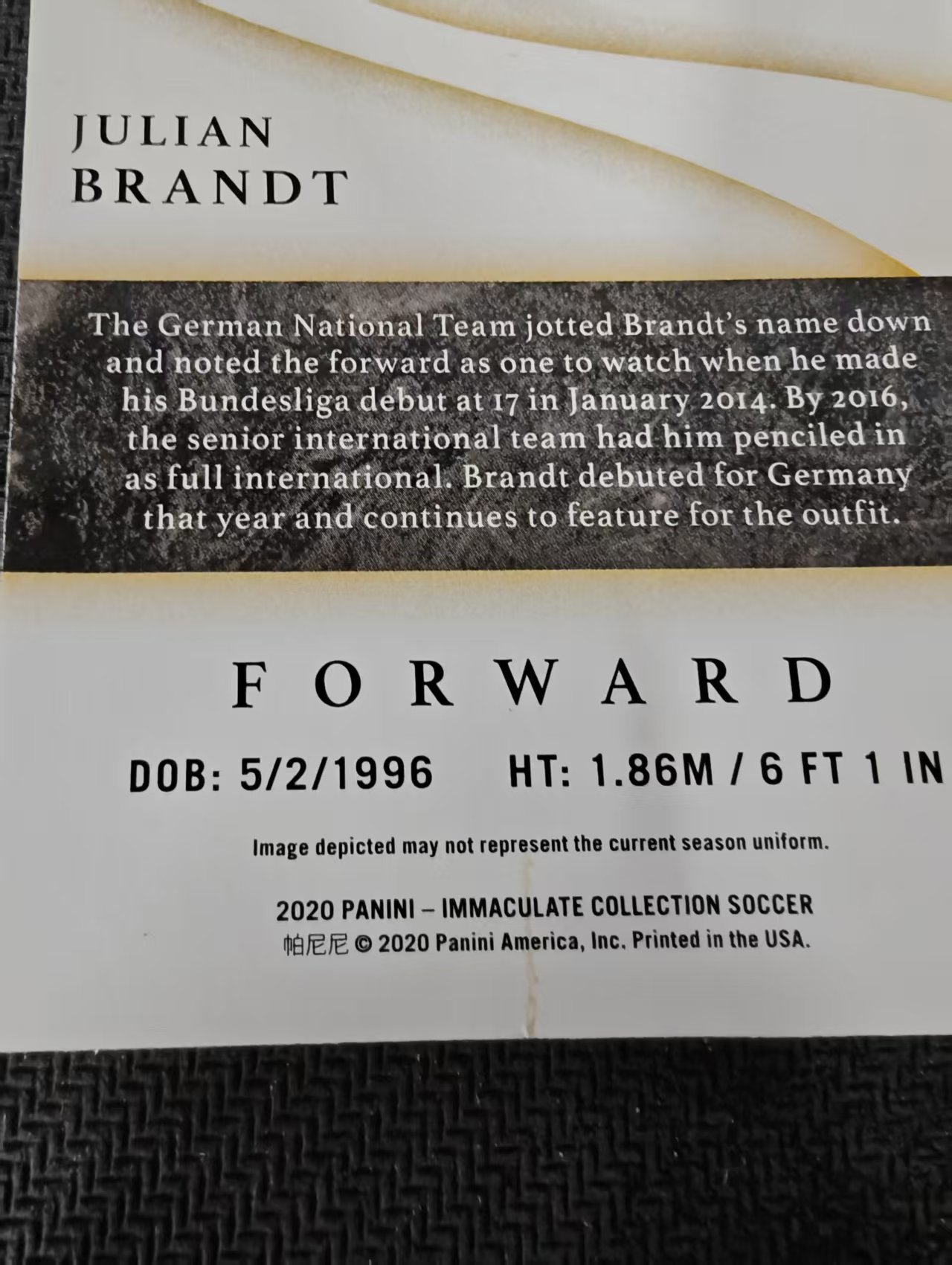 【可合并,不累计】2020 Panini Immaculate 德国 布兰特 99编 多特蒙德 勒沃库森 Julian Brandt 爱咪咪 边角瑕疵