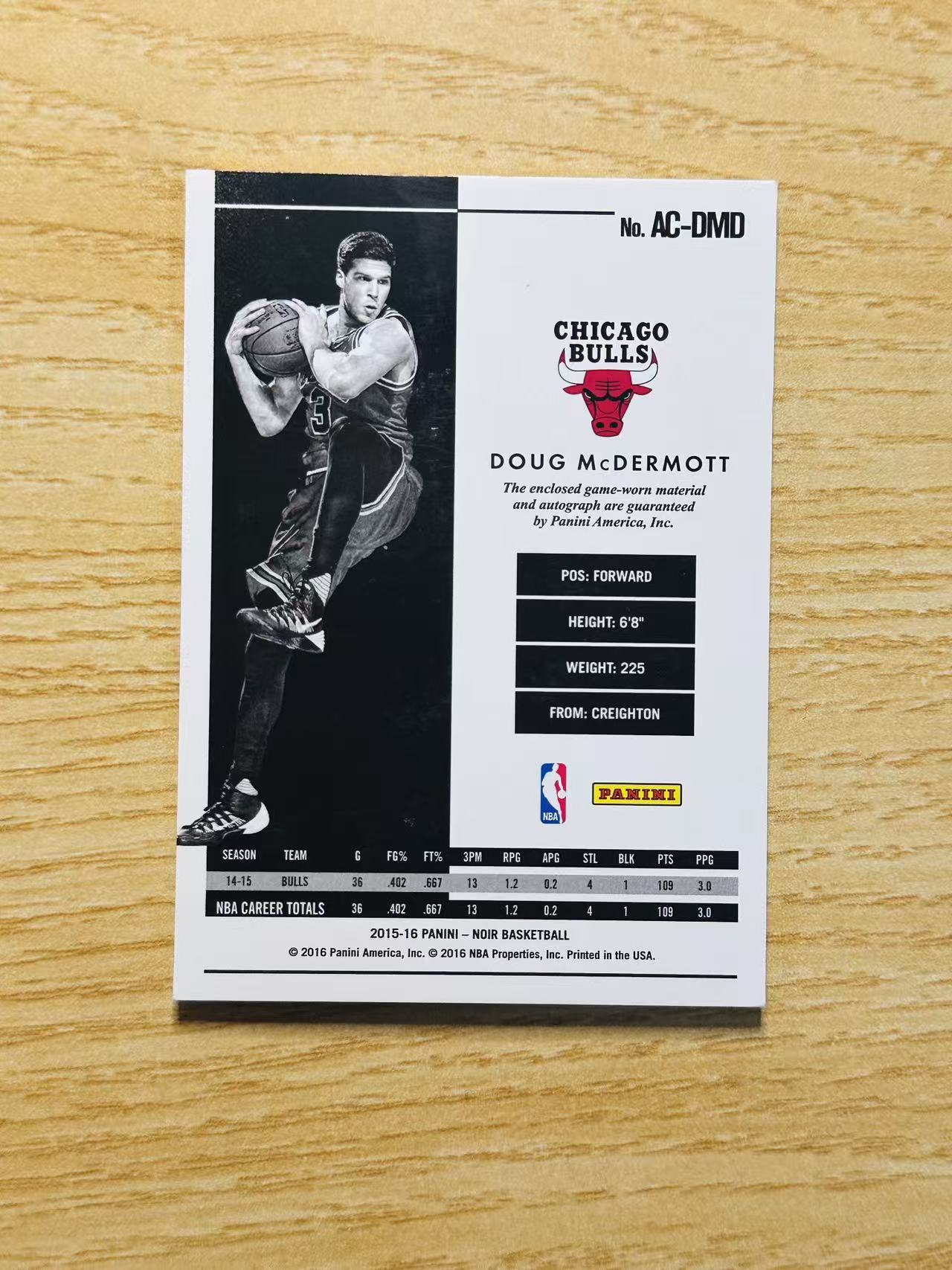 2015-16 Panini Noir Sean McDermott 嘿嘿代卖 诺尔 肖恩 麦克德莫特 新秀 RC 签字 卡签 RPA 75编 金笔 公牛 收藏必备