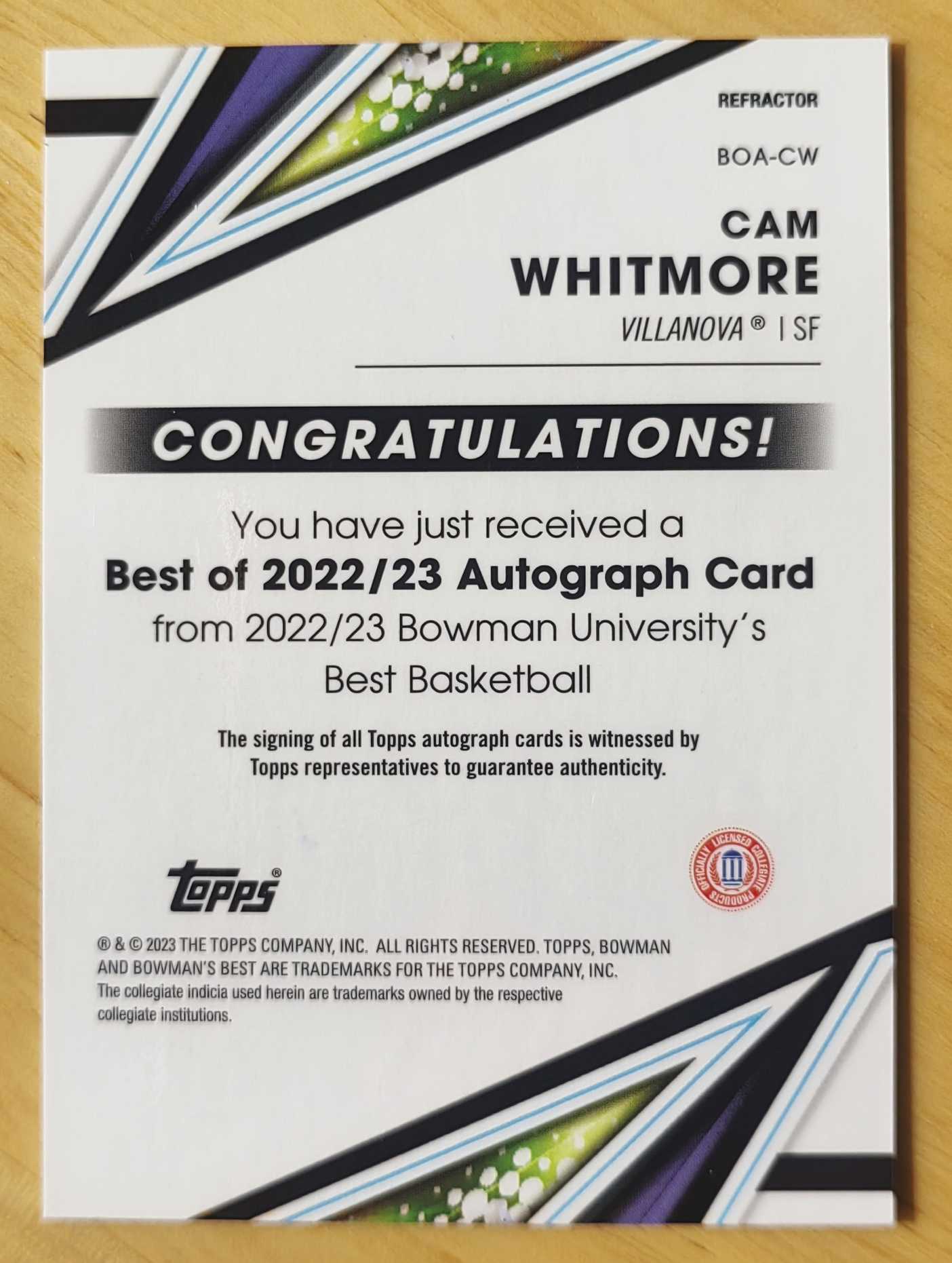 2023 惠特莫尔 折射签字 【飞人代卖】 Cam Whitmore 签名 非卡签 topps bowman 品墨如图见描述 youth