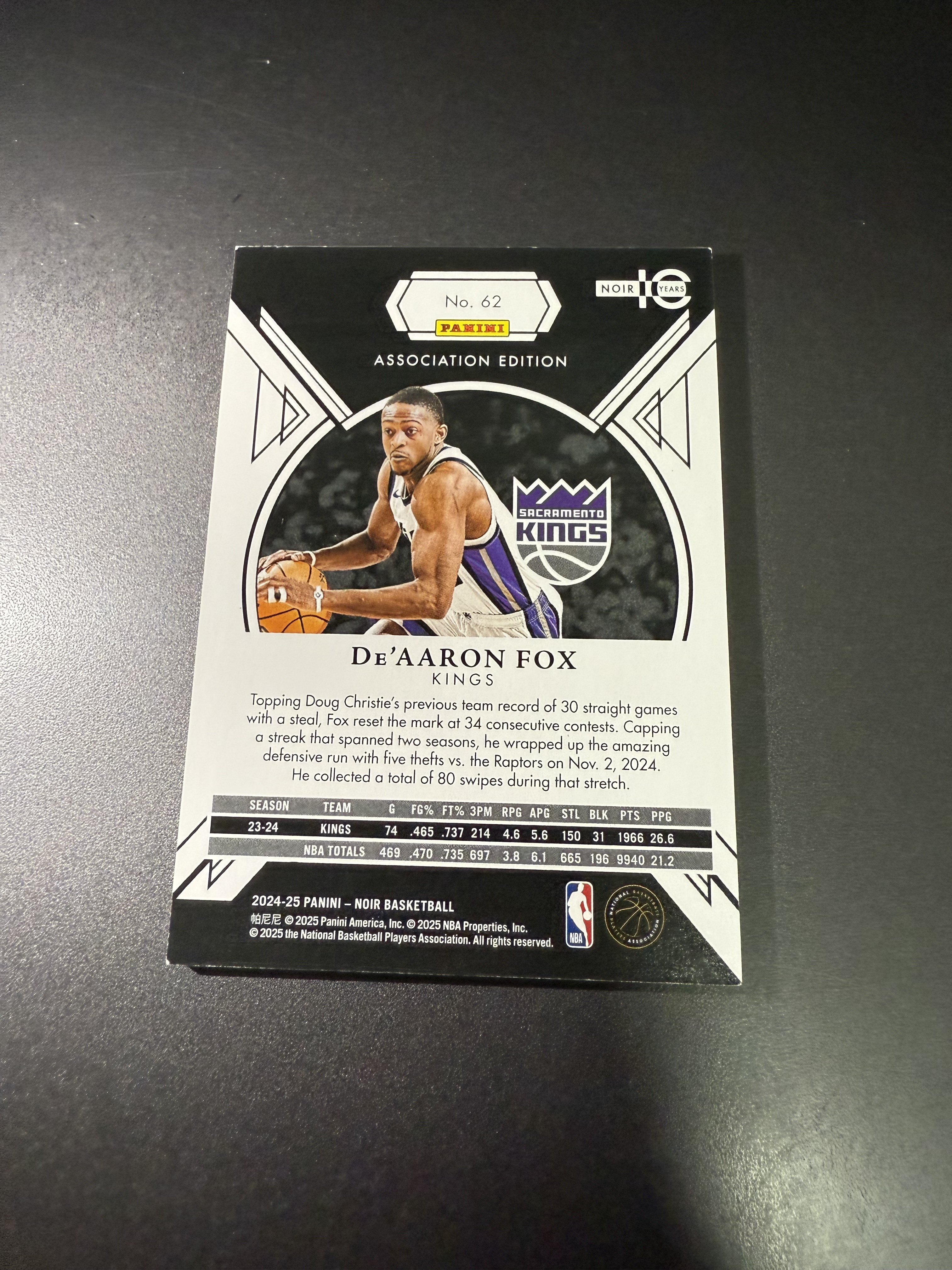 2024-25 Panini Noir De'Aaron Fox 达龙 福克斯 紫 十周年 25编 低编 高端系列 什