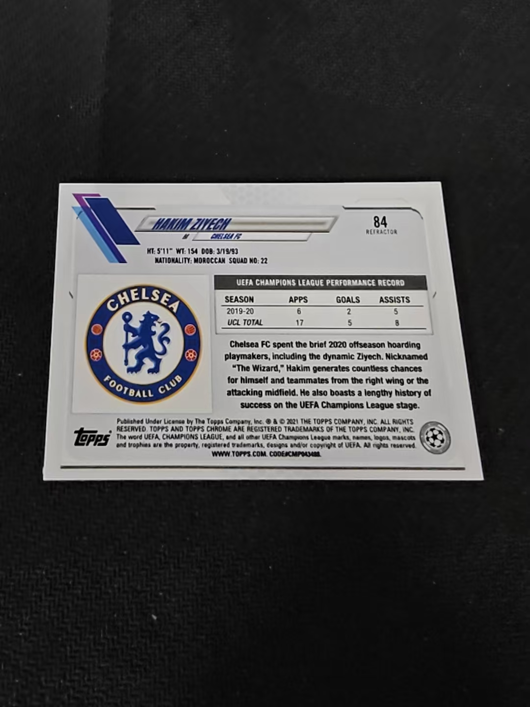 【可合并,不累计】2021 Topps Chrome Hakim Ziyech 欧冠 切尔西 齐耶赫 银折 划痕 边角瑕疵 #84