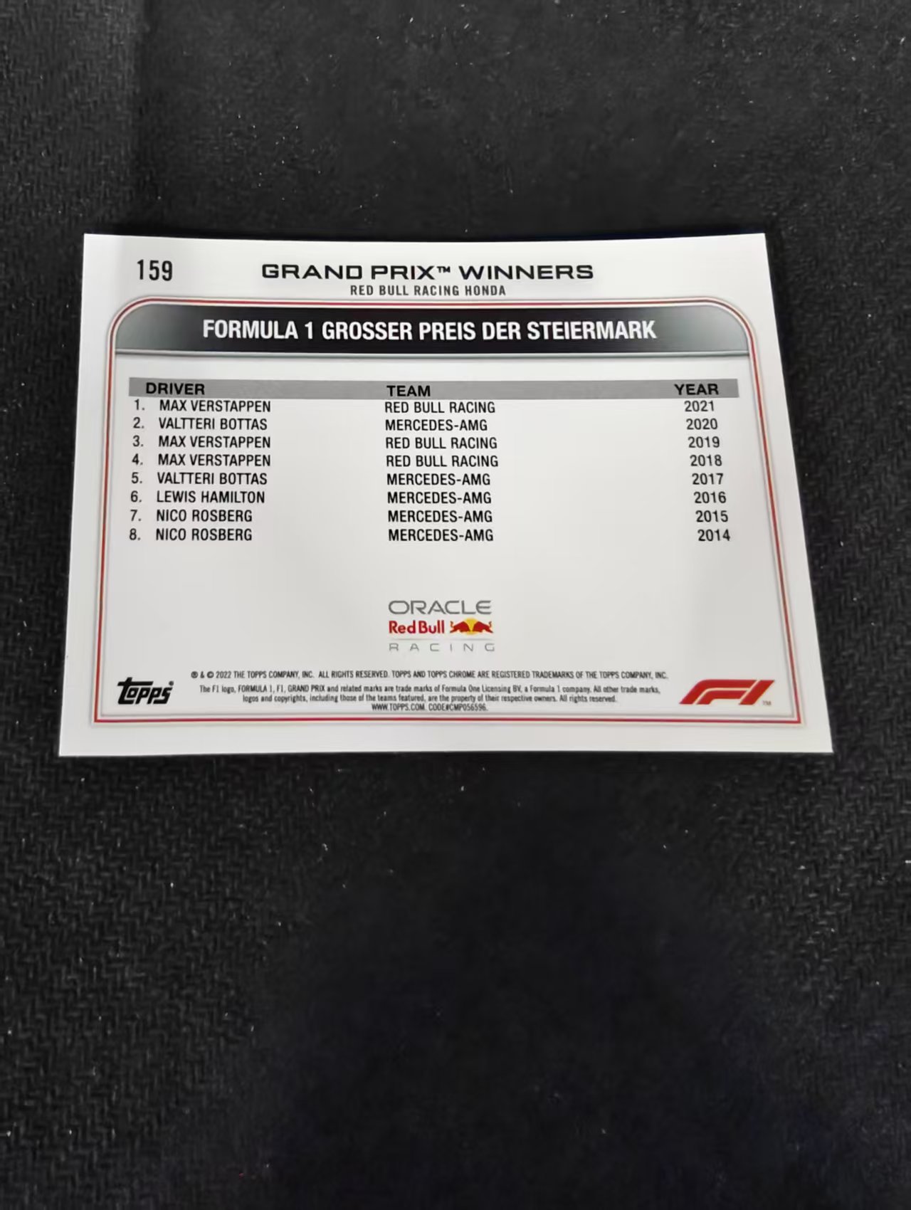 2022 Topps Chrome F1 Max Verstappen 维斯塔潘 红牛 划痕 边角瑕疵 #159