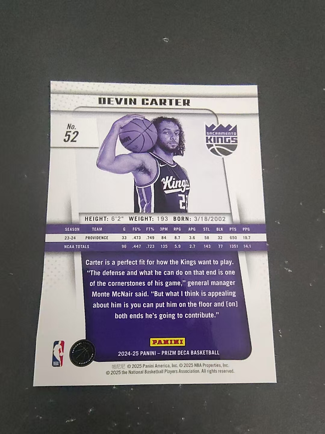 【可合并,不累计】2024-25 Panini Prizm Devin Carter RC pz Deca 新秀 国王 卡特 划痕 边角瑕疵 #52