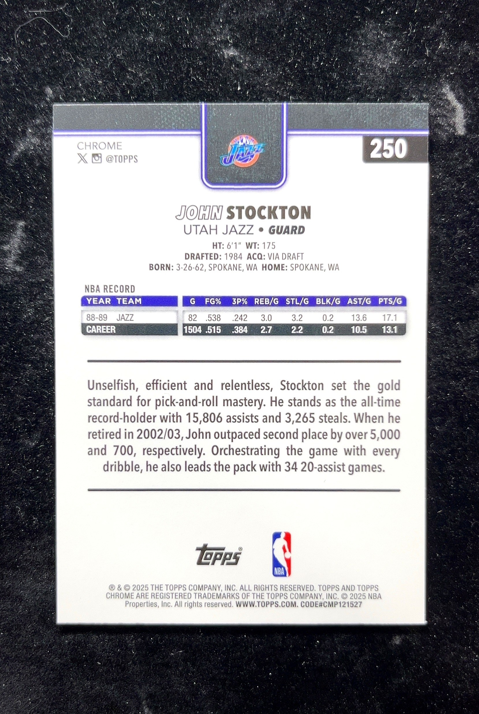 【小白1%代卖】2025 Topps Chrome John Stockton 约翰·斯托克顿 银棱镜折 折射 卡品如图 高价值 #250 Utah Jazz 犹他爵士 0702