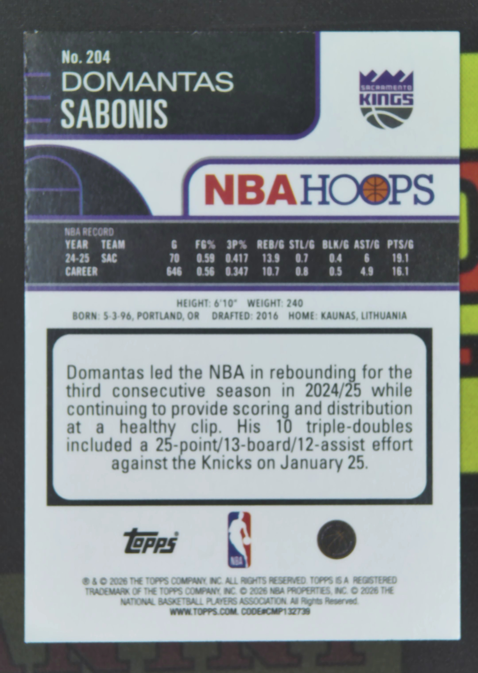 2025-26 Topps NBA Hoops Domantas Sabonis Nirvana Project 多曼塔斯 萨博尼斯 国王 016/149 蓝闪 折射 卡品如图 卫老板¥