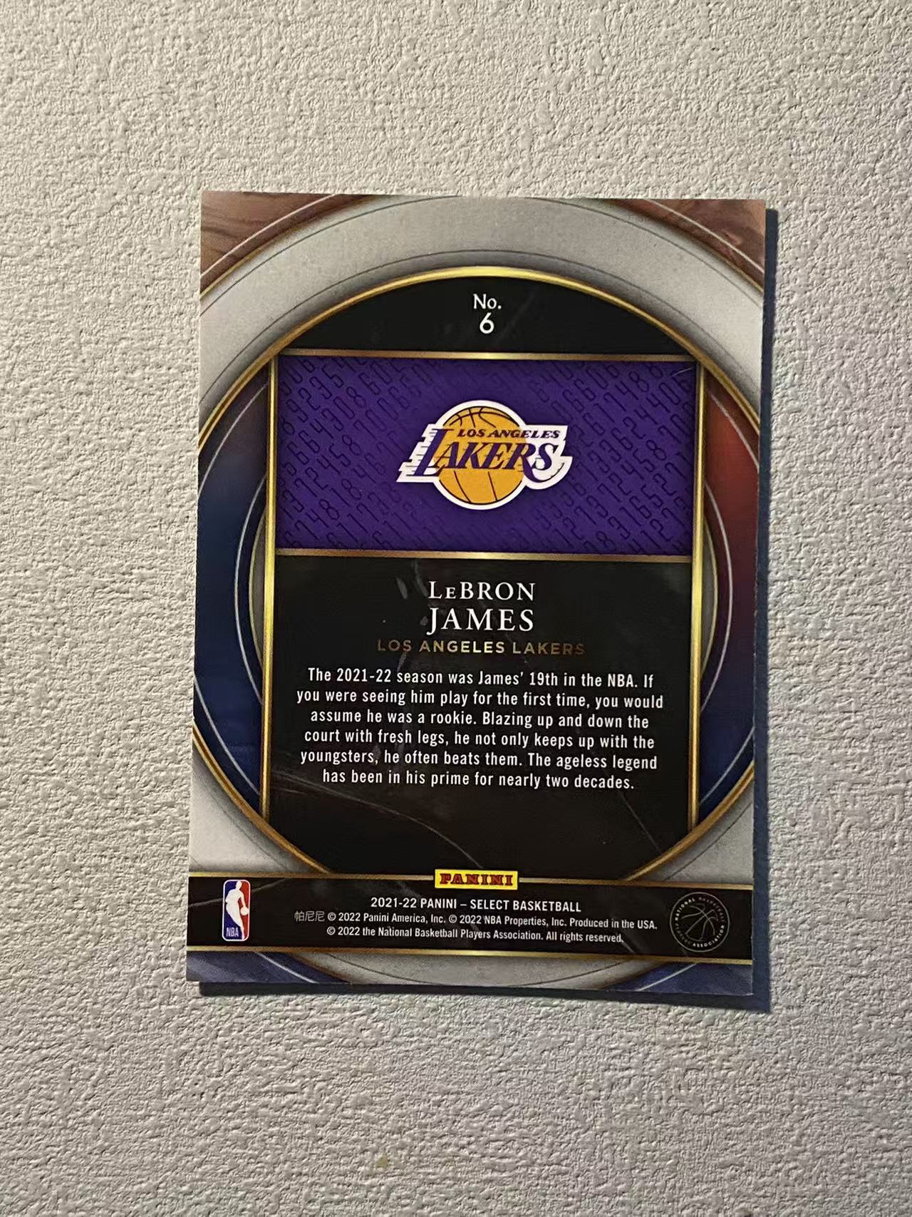 2021-22 Panini Select LeBron James 湖人 勒布朗 詹姆斯 老詹 大比例 背号特卡 6号 稀有 收藏必备