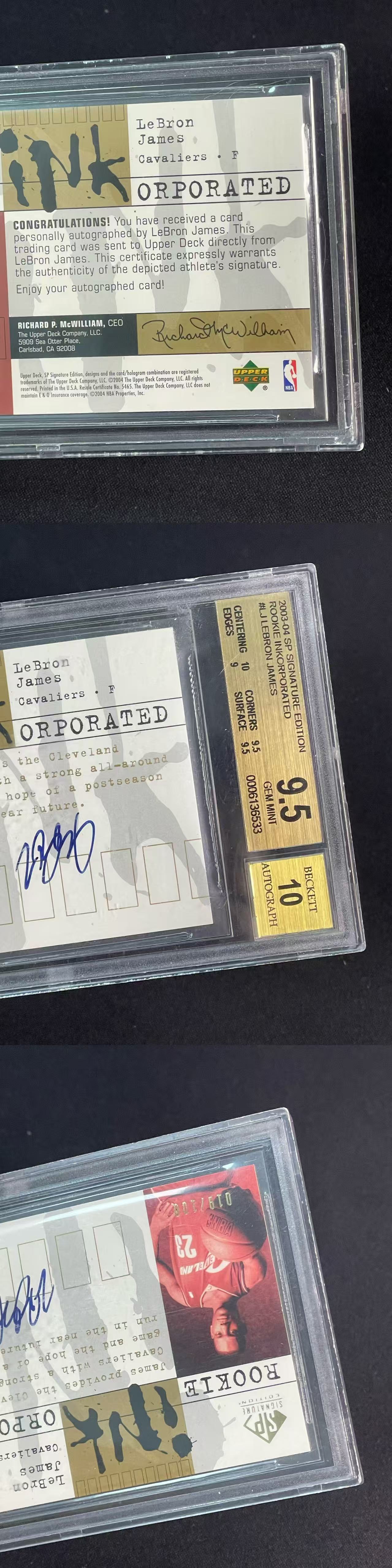 2003-04 Upper Deck SP Signature Edition LeBron James RC 勒布朗詹姆斯 新秀 100编 签字卡签ink签 BGS9.5/10评级壳瑕 老曹O1云猫