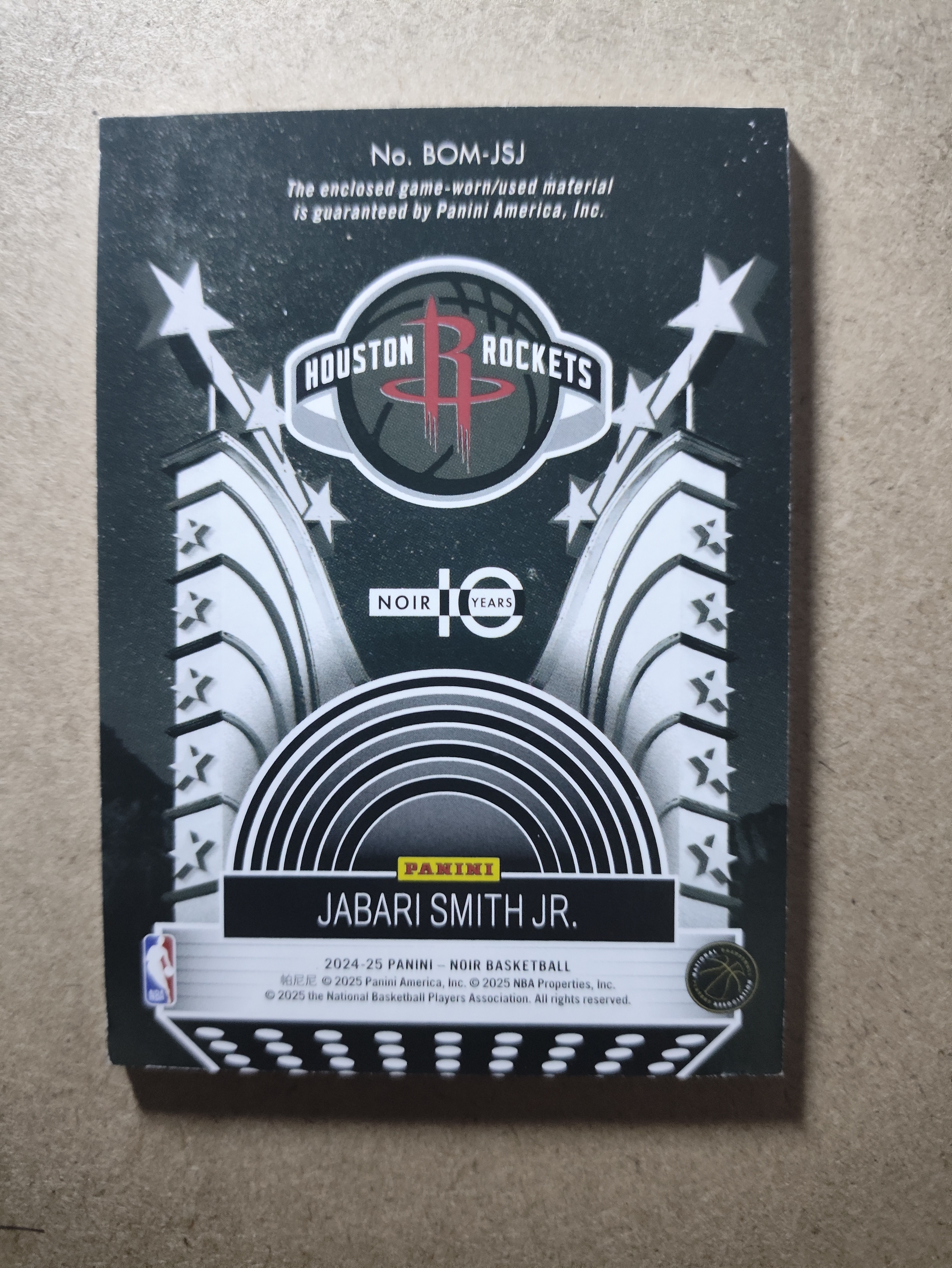 2024-25 Panini Noir Jabari Smith Jr. 休斯顿火箭 小贾巴里 史密斯 诺尔 球衣 物料切割 绿平行 39/49编 GU亲穿落场 减法同背 卡品如图 收藏必备 未来可期