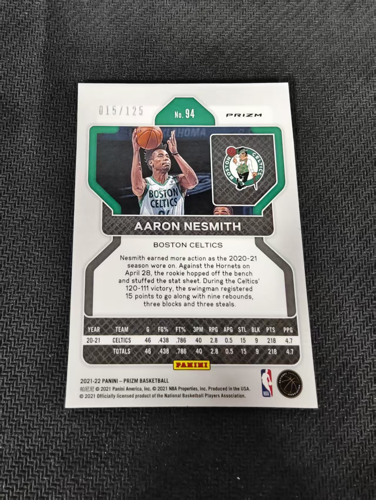 【汽水拍卖】2021-22 Panini Prizm Aaron Nesmith PZ 凯尔特人 阿隆内史密斯 蓝碎冰 125编 微瑕如图