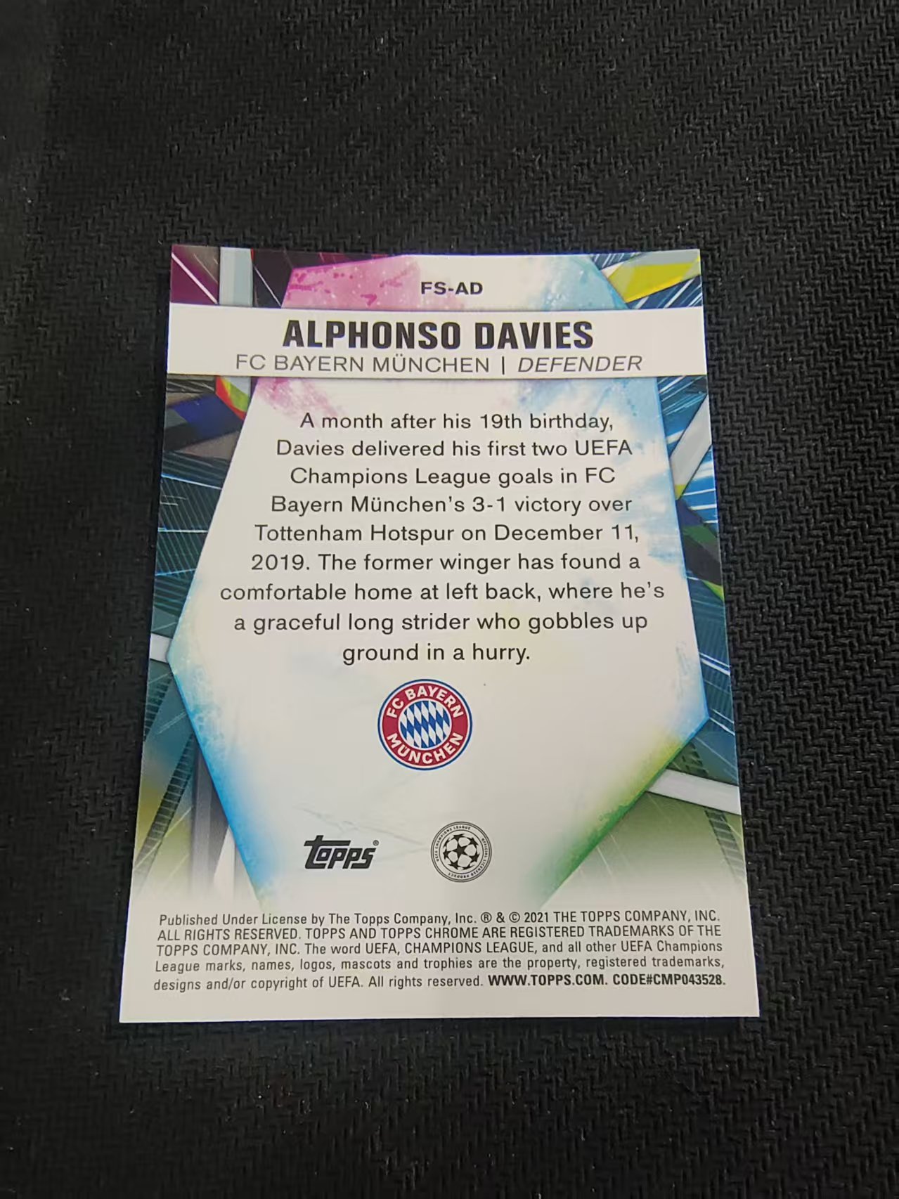 【可合并,不累计】2021 Topps Chrome Alphonso Davies 阿方索 戴维斯 拜仁慕尼黑 欧冠 未来之星 特卡 银折
