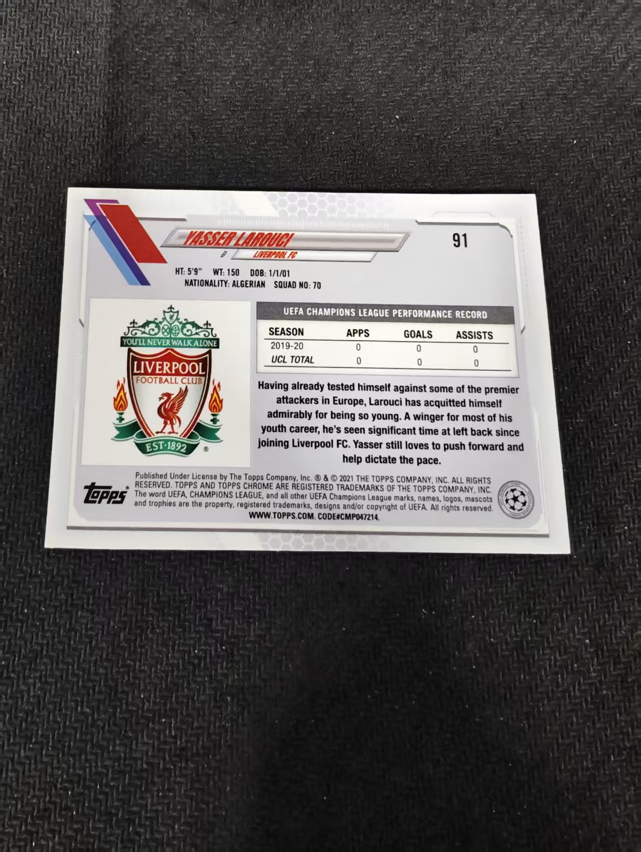 【可合并,不累计】2021 Topps Chrome Yasser Larouci 欧冠 蓝宝石 亚西尔 拉鲁奇 利物浦 RC 新秀 蓝碎冰 #91 划痕 边角瑕疵