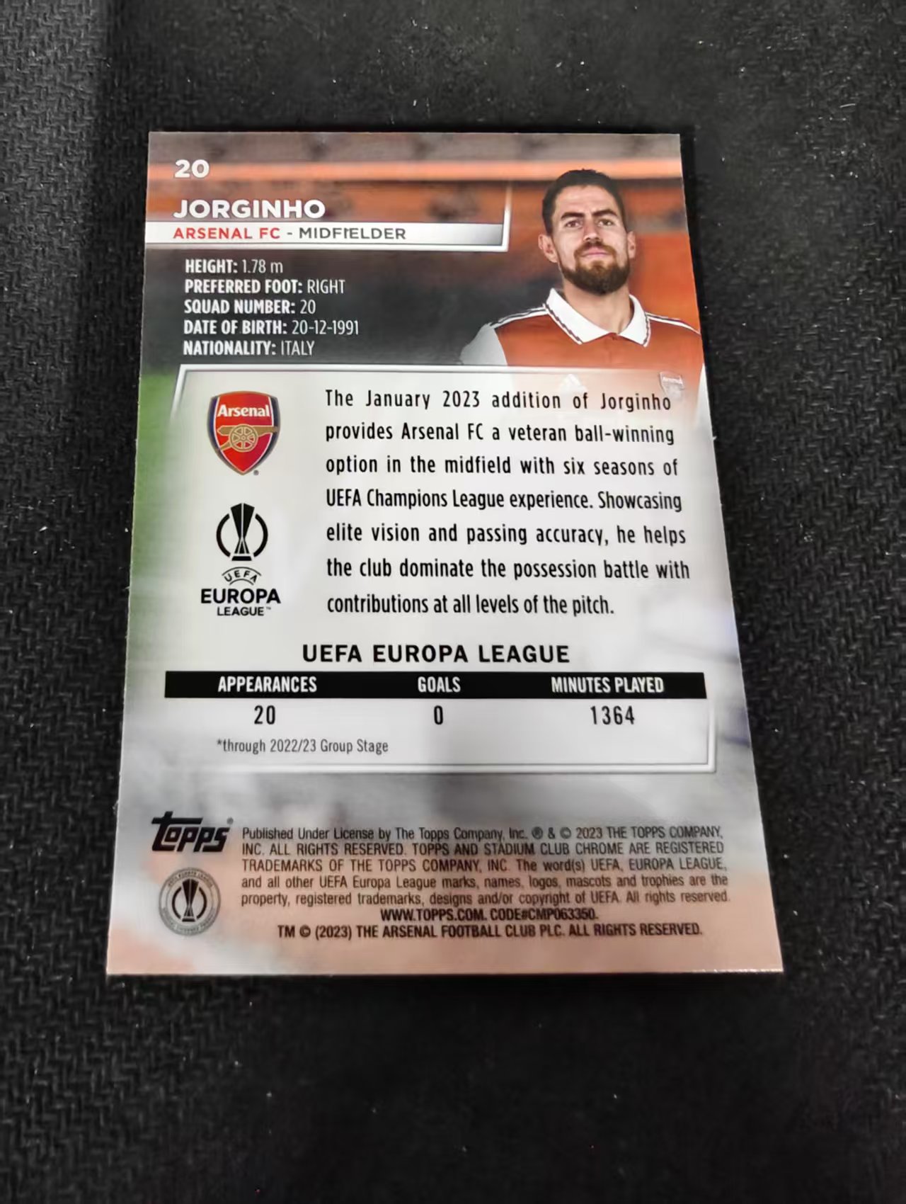 【可合并,不累计】2023 Topps Stadium Club Chrome jorginho 若日尼奥 阿森纳 欧冠 竞技场 不保卡品 介意勿拍 #20