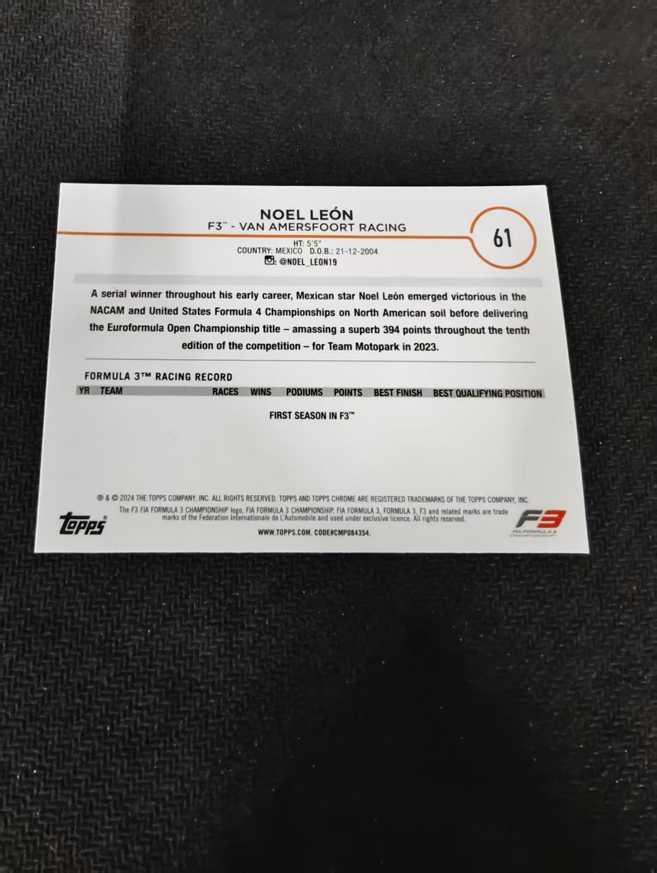 2024 Topps Chrome F1 noel leon 诺埃尔 莱昂 F3 划痕 边角瑕疵 #61