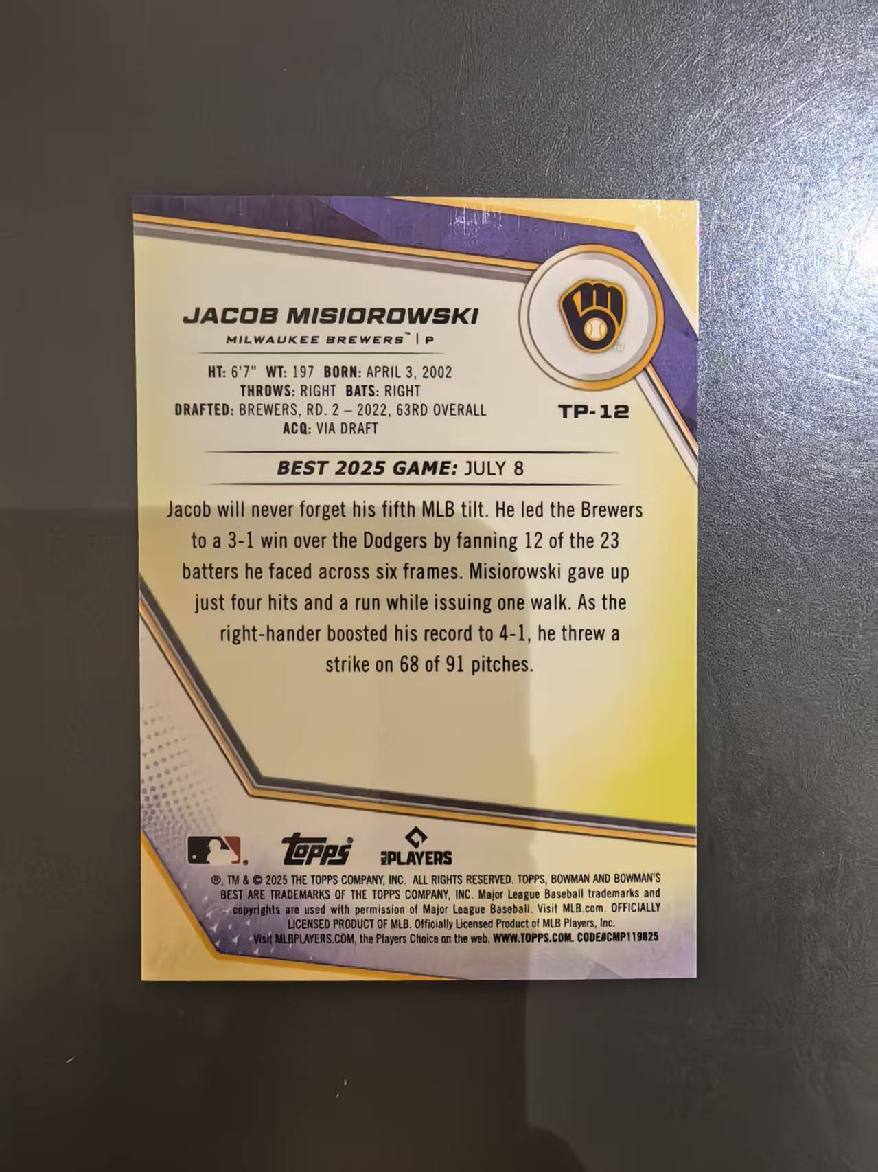 2025 Topps Bowmans Best Jacob Misiorowski MLB 大联盟 密尔沃基酿酒人 新秀投手 雅各布 米西奥罗夫斯基 长颈鹿 /199编 青折 卡品如图 凑套收藏