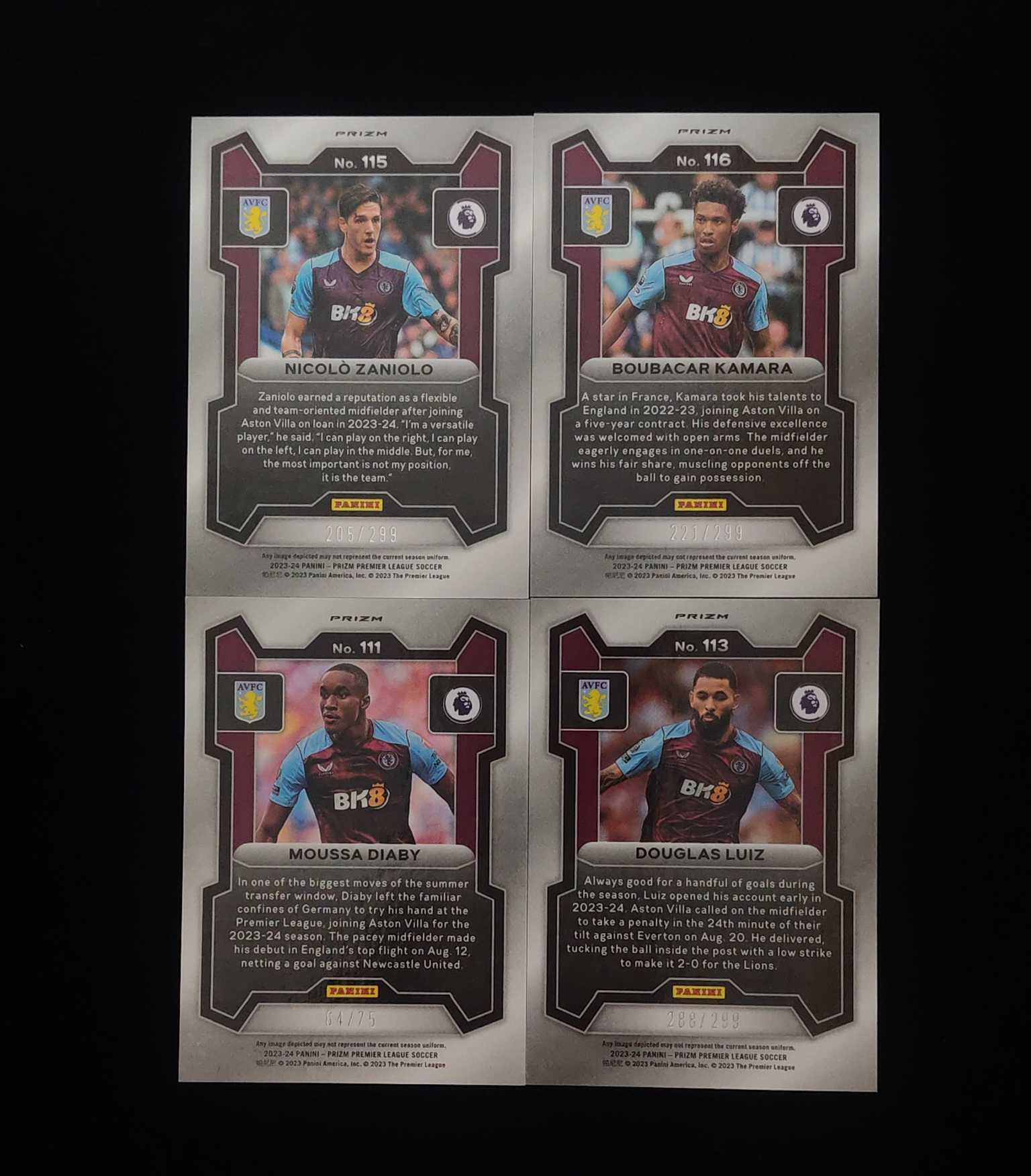 2023-24 Panini Prizm Moussa Diaby 英超 PZ 阿斯顿维拉 迪亚比 75编 碎冰折 卡马拉 299编 扎尼奥洛 299编 路易斯 299编 4张 lot 卡品如图