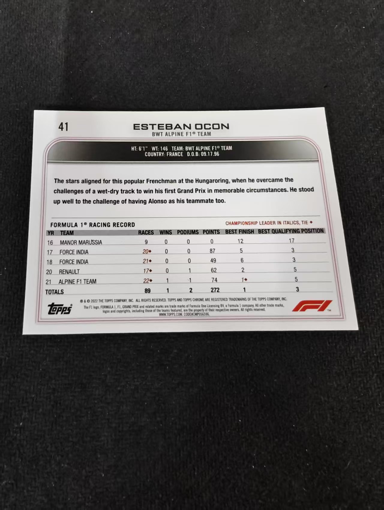 2022 Topps Chrome Esteban Ocon F1 阿尔滨车队 埃斯特班 奥康 划痕 边角瑕疵 #41