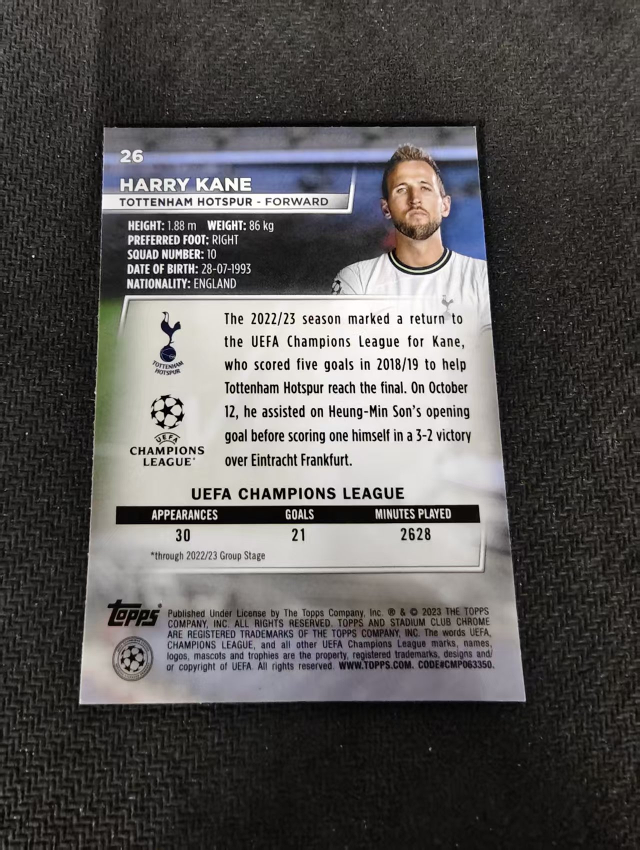 【可合并,不累计】2023 Topps Stadium Club Chrome Harry Kane 哈利 凯恩 热刺 欧冠 竞技场 不保卡品 介意勿拍 #26