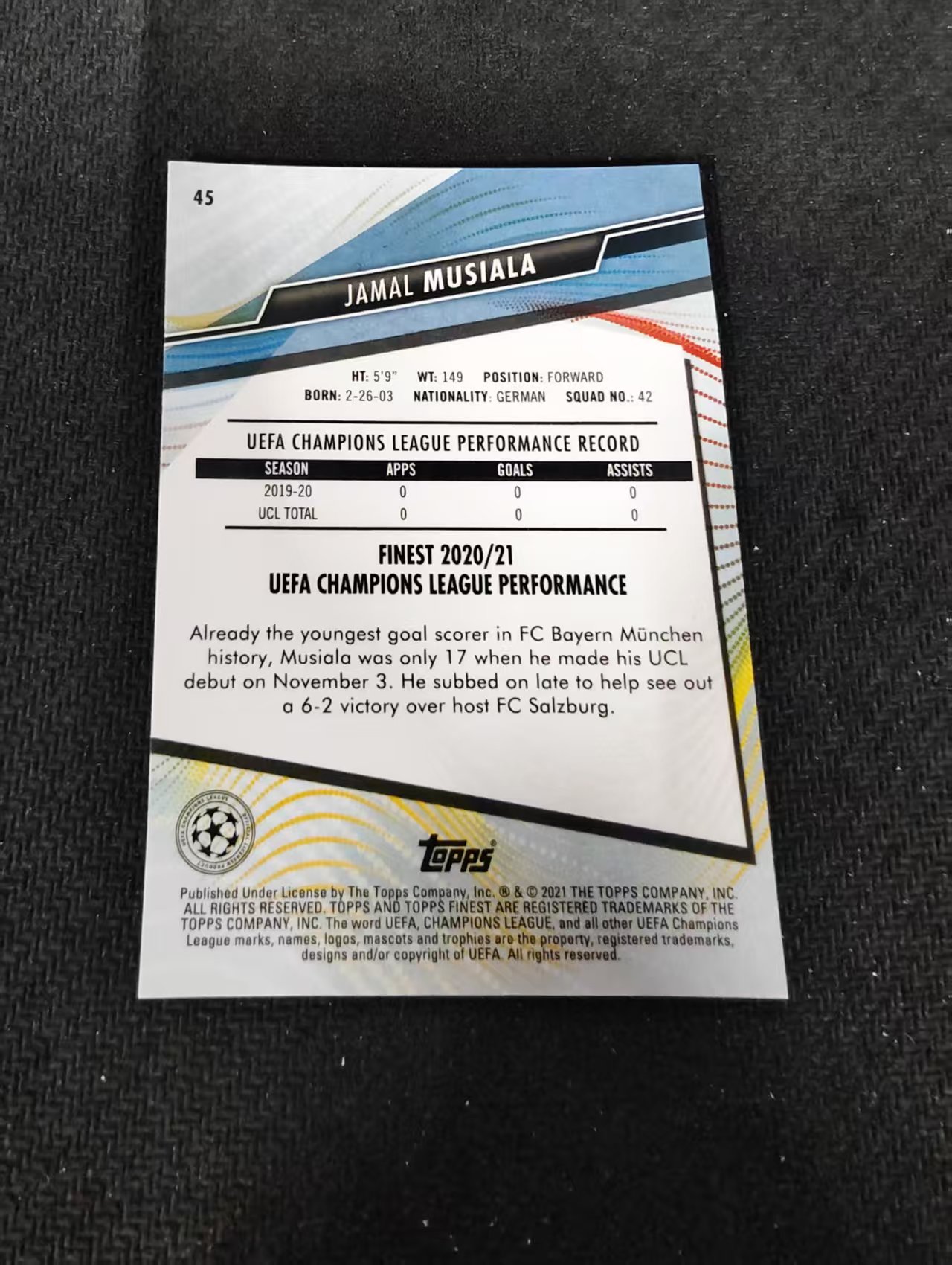 【可合并,不累计】2021 Topps Finest Jamal Musiala RC 欧冠 拜仁慕尼黑 穆夏拉 新秀 划痕 边角瑕疵 #45