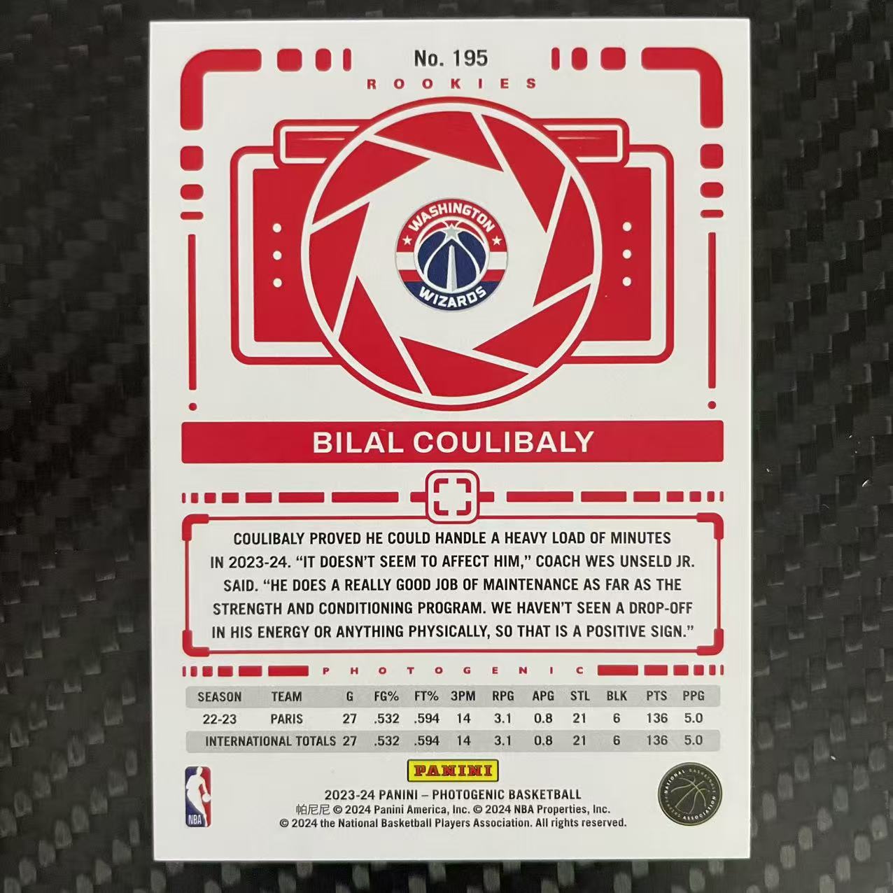 2023-24 Panini Photogenic Bilal Coulibaly RC 【杰克森拍卖】比拉尔 库利巴利 奇才 新秀 75编 碎冰折 雕哥