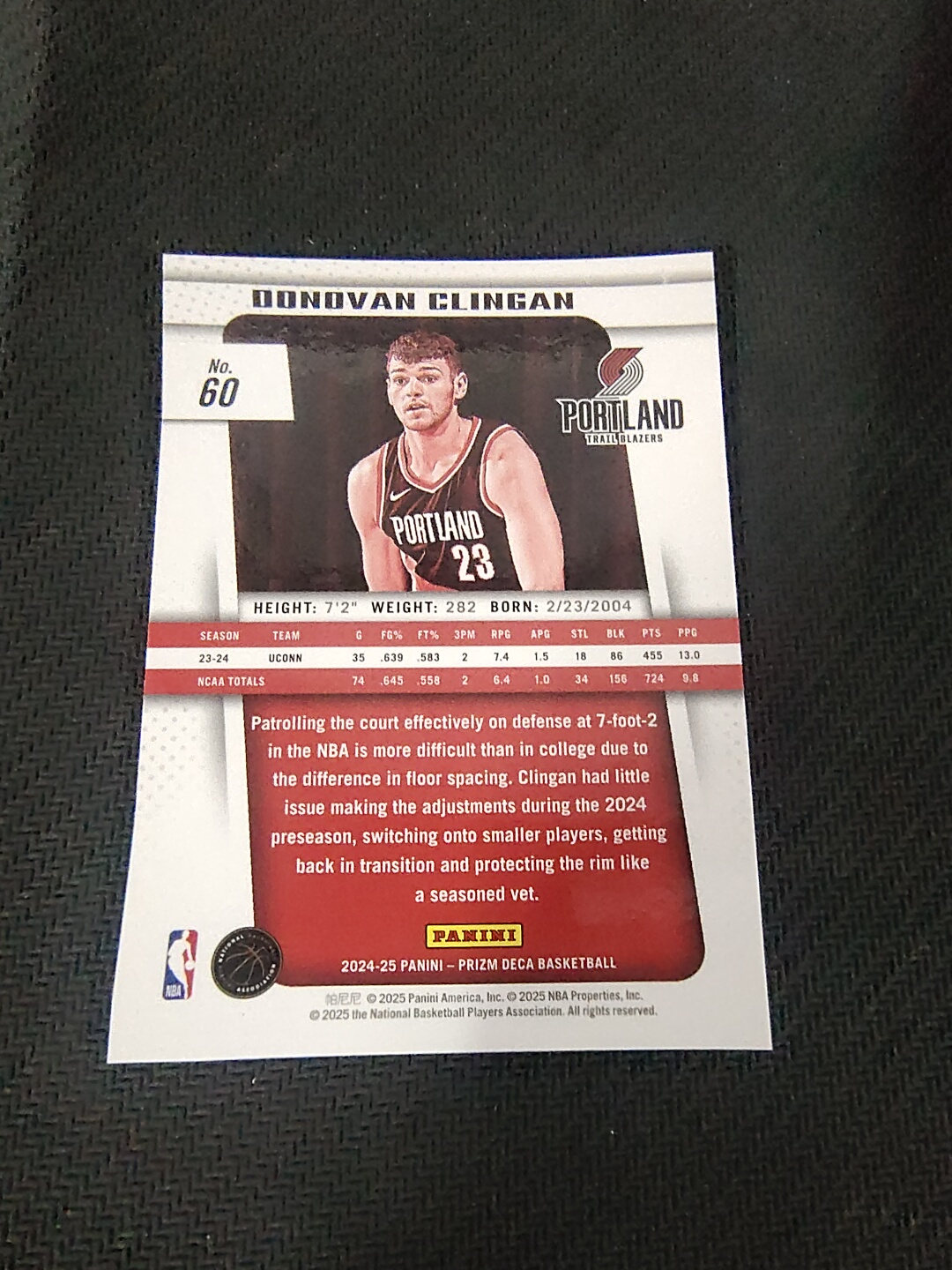 【可合并,不累计】2024-25 Panini Prizm Deca Donovan Clingan RC 新秀 开拓者 克林根 划痕 边角瑕疵 #60