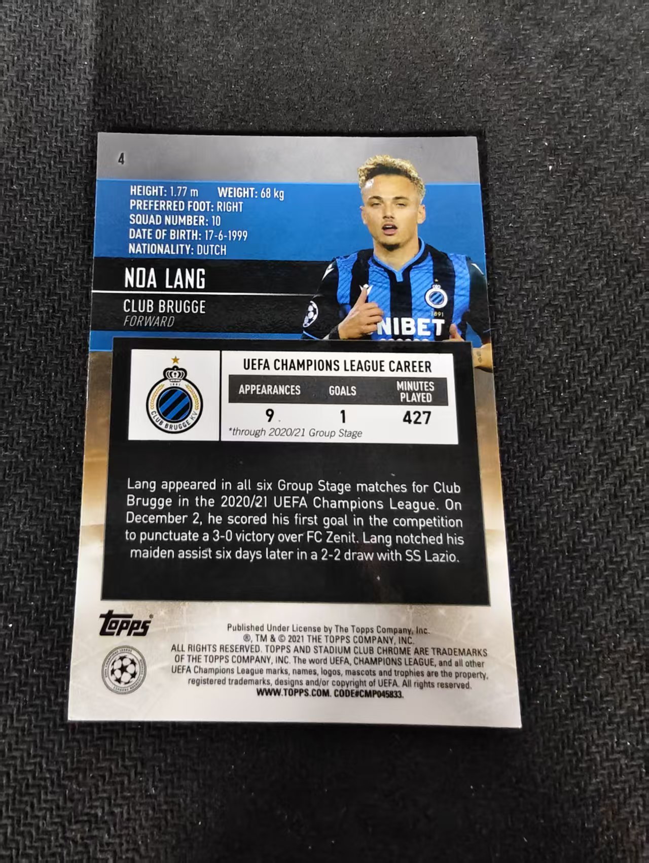 【可合并,不累计】2021 Topps Stadium Club Chrome Noa Lang 布鲁日 诺阿 朗 新秀 RC 欧冠 竞技场 不保卡品 介意勿拍 #4