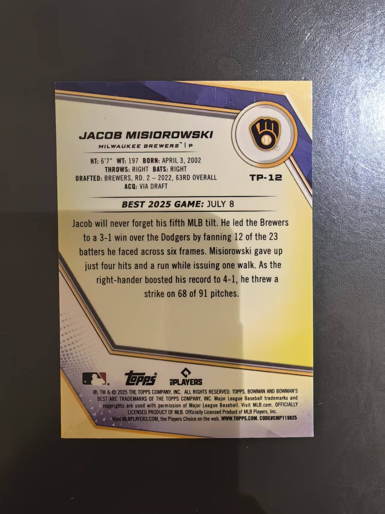 2025 Topps Bowmans Best Jacob Misiorowski MLB 大联盟 密尔沃基酿酒人 新秀投手 雅各布 米西奥罗夫斯基 长颈鹿 /199编 青折 卡品如图 凑套收藏