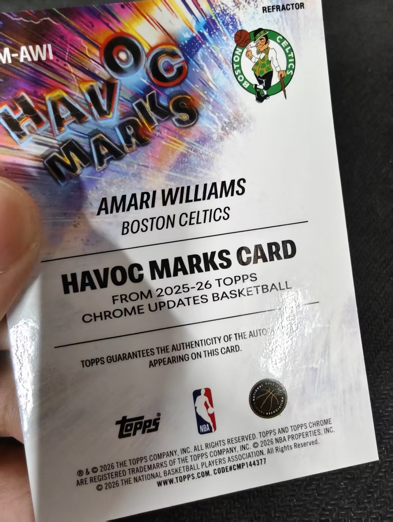 2026 Topps Chrome Update TCU 篮球 Amari Williams 阿马里 威廉姆斯 凯尔特人 RC新秀 签字 浩劫签 银折 瑕疵如图