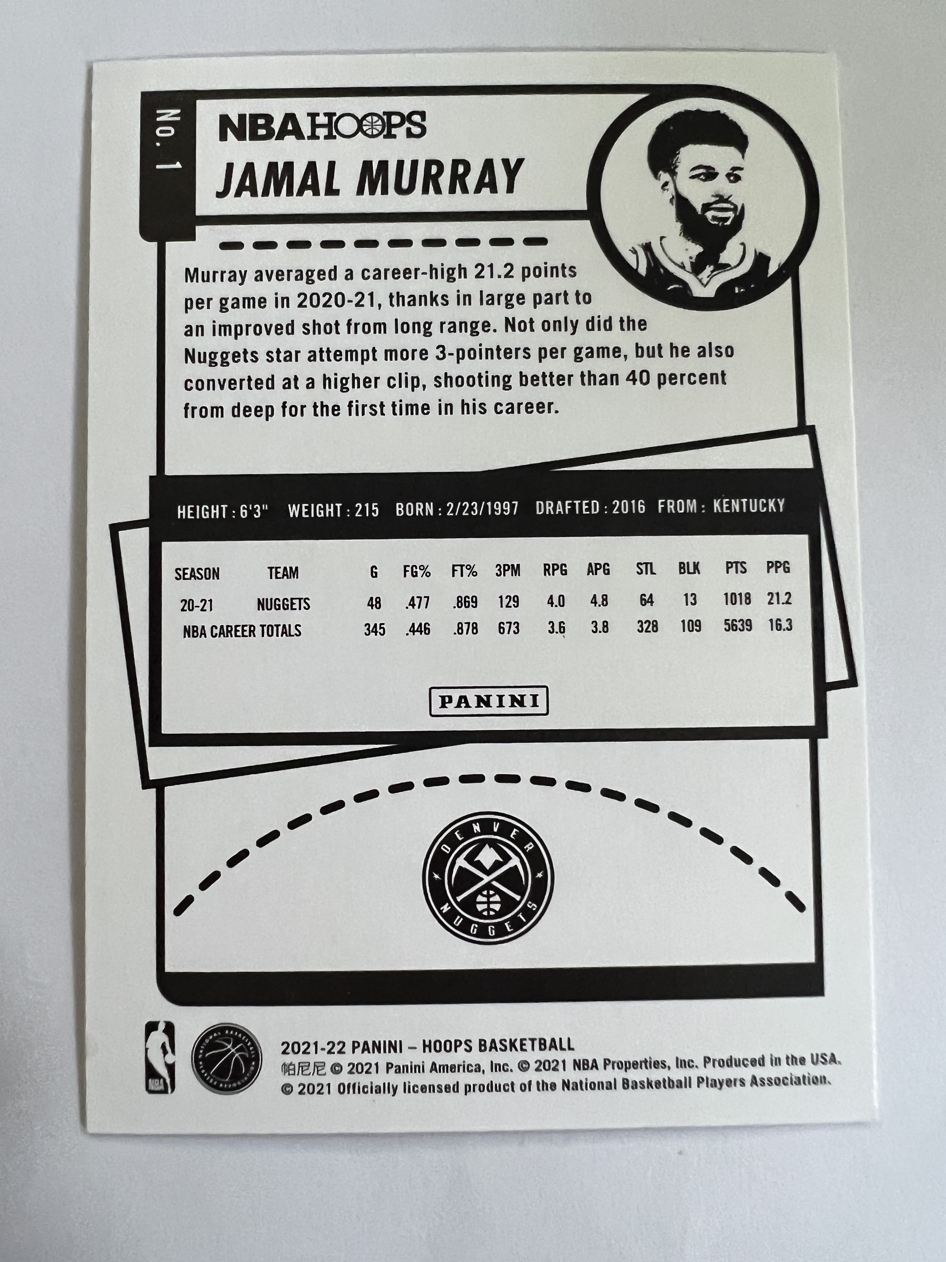2021-22 Panini hoops Jamal Murray 贾马尔 穆雷 掘金队 热门球星 收藏必备 凑套必备 实卡精美 投资佳品 #1