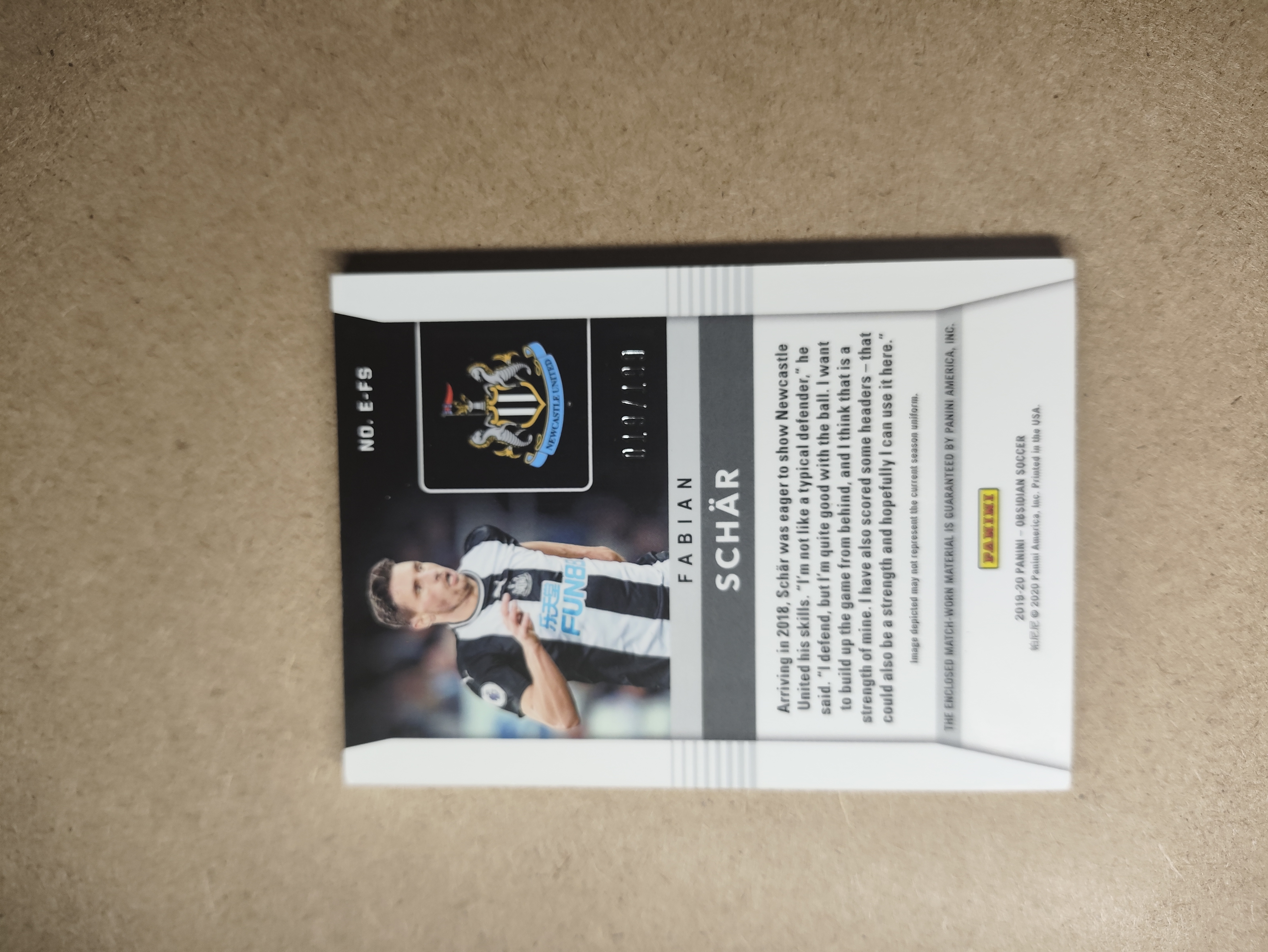 2019-20 Panini Obsidian Fabian Schar 黑曜石 纽卡斯尔联 纽卡 法比安 舍尔 球衣切割 小窗物料 特卡 银折 019/199编 卡品如图 收藏必备